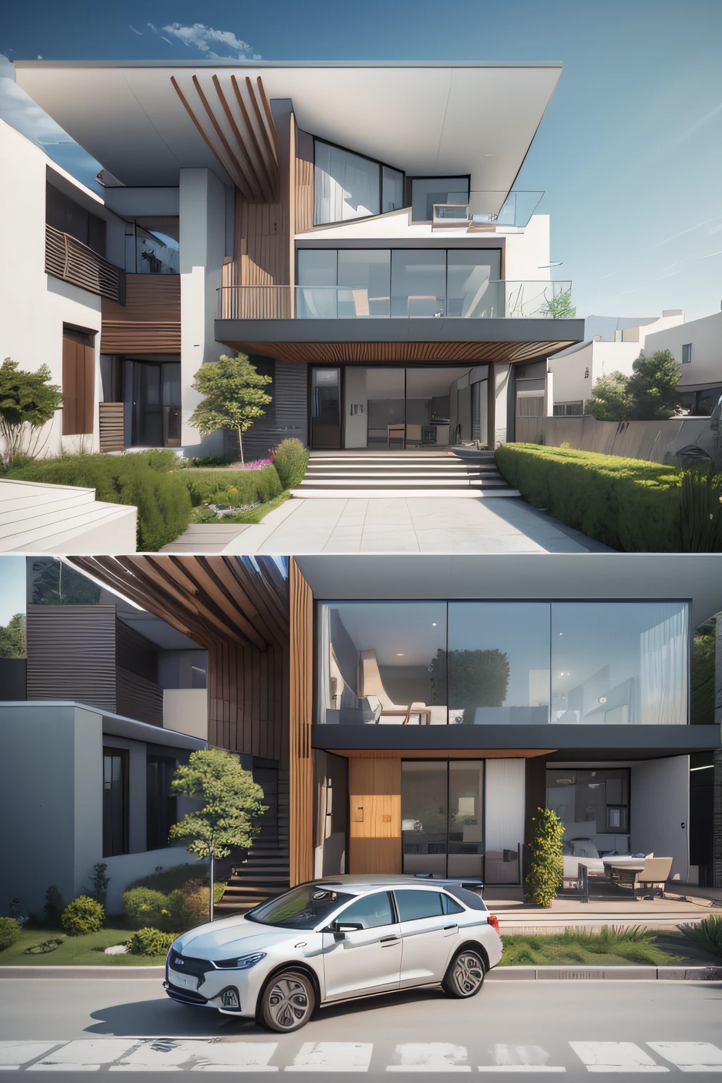 rendering of a modern house with 5 meters wide, 2 floors, contemporary house, front elevation view, architectural rendering, frontview, exterior design, wide establishing shot, architectural render, in style of simplified realism, elevation view, concept house, detailed rendering, conceptual rendering, architectural concept, large modern residence, front elevation, ounded shapes, curved shapes