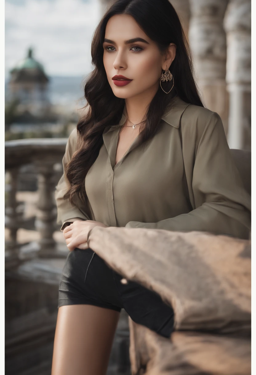 1girl, solo, long hair, black hair, written clothes, brown eyes, looking at the viewer, beanie, lips, upper body, closed mouth, shirt, earrings, https://i.postimg.cc/tCDfNDvp/Screenshot-20230606-212445.png