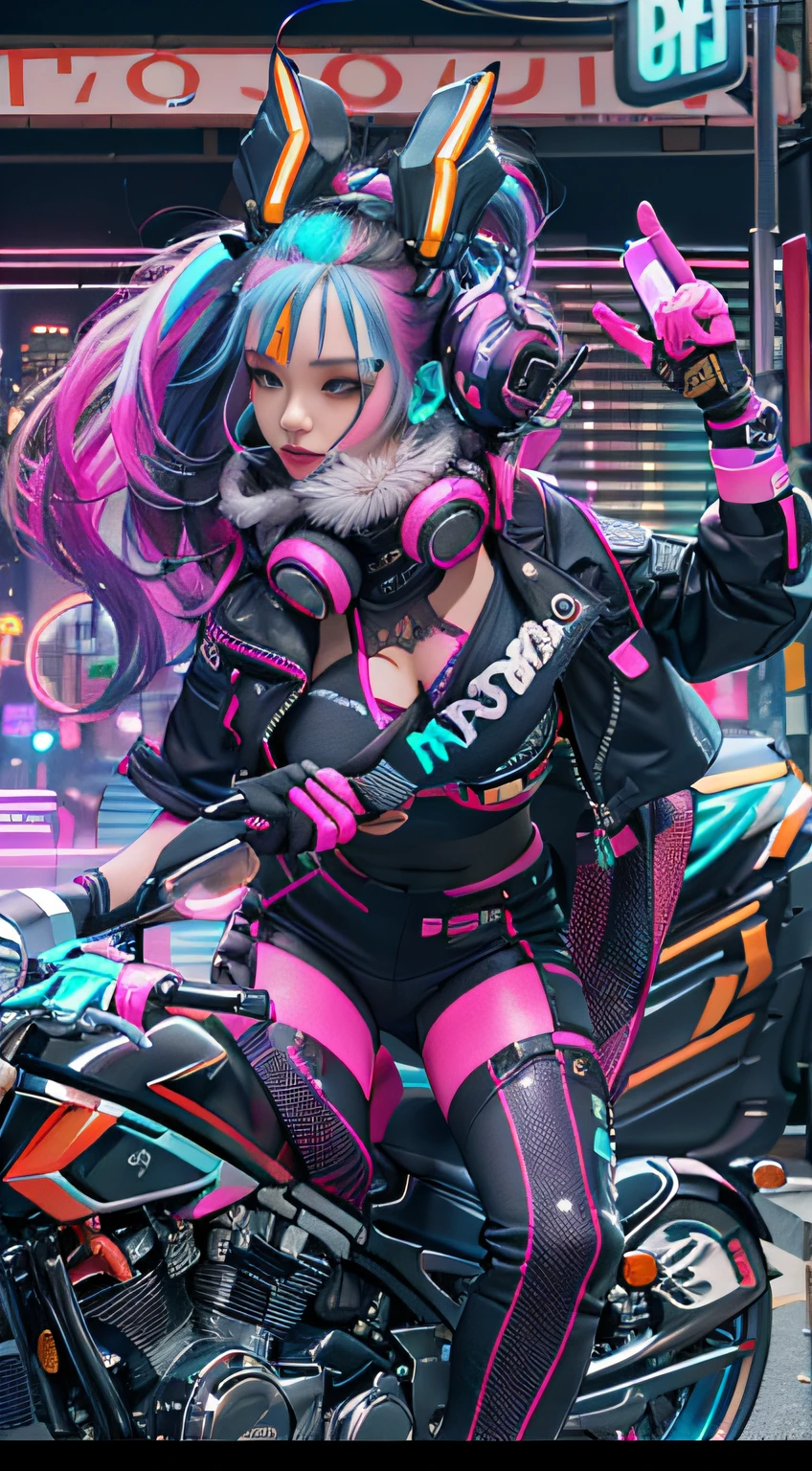 Masterpiece, Best quality, Confident cyberpunk girl, Full body shot, ((Stand in front of the motorcycle)), Popular costumes in Harajuku style, Bold colors and patterns, Eye-catching accessories, Trendy and innovative hairstyle, Vibrant makeup, Cyberpunk's dazzling cityscape, skyscrapper, Neon signs, LED lights, Bright and vivid color scheme, anime big breast, illustration, Detailed skin texture, Detailed cloth texture, Beautiful detailed face, Intricate details, Ultra detailed.