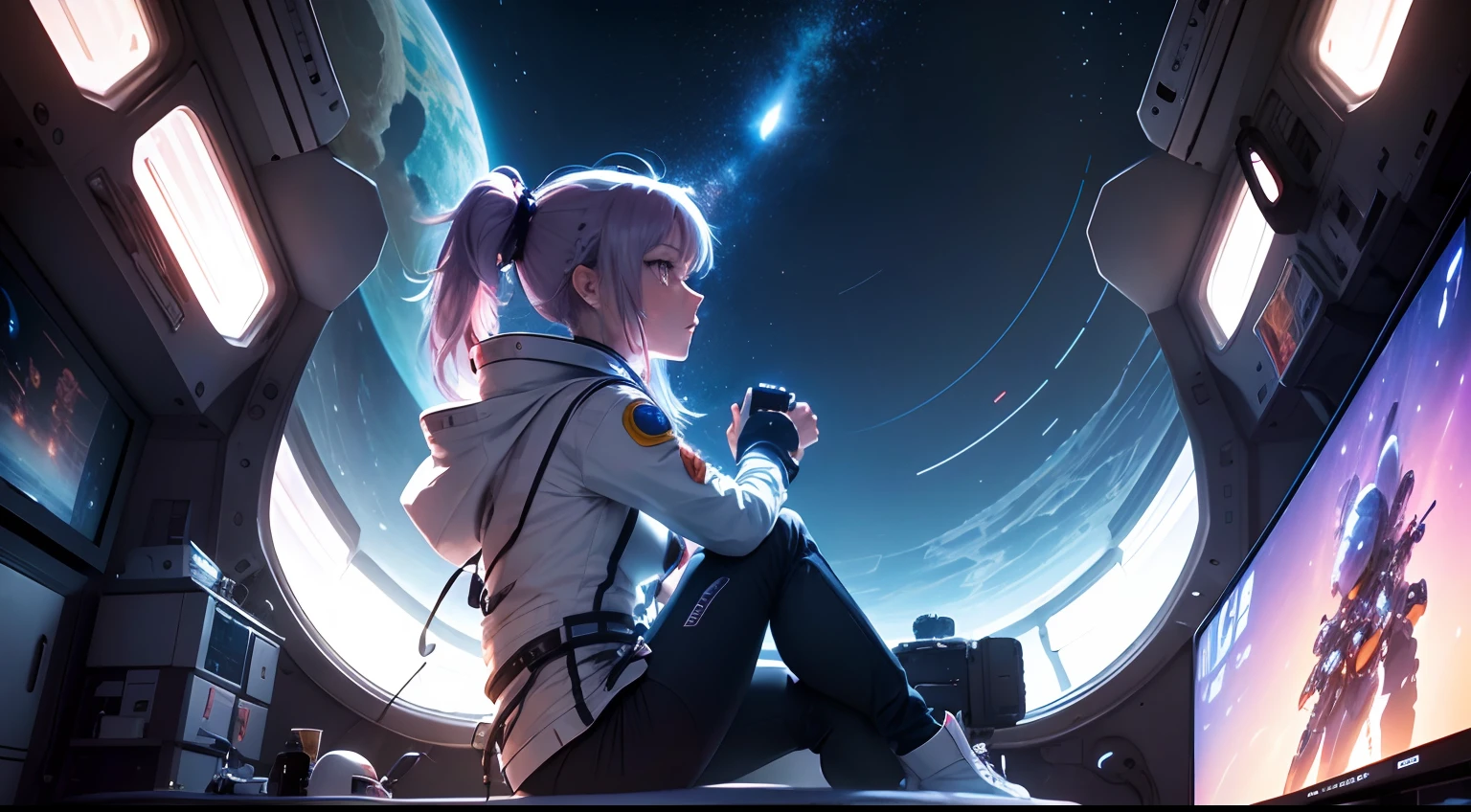 a woman watching TV on the space station, anime style, girl in space, on the space station, anime style, sitting in a spaceship, astronauts relaxing in space, anime style, sitting on a bed, Outside the window is earth, inside the TV futuristic space battle, anime style, spaceship in the background, spaceships fighting in the background --auto