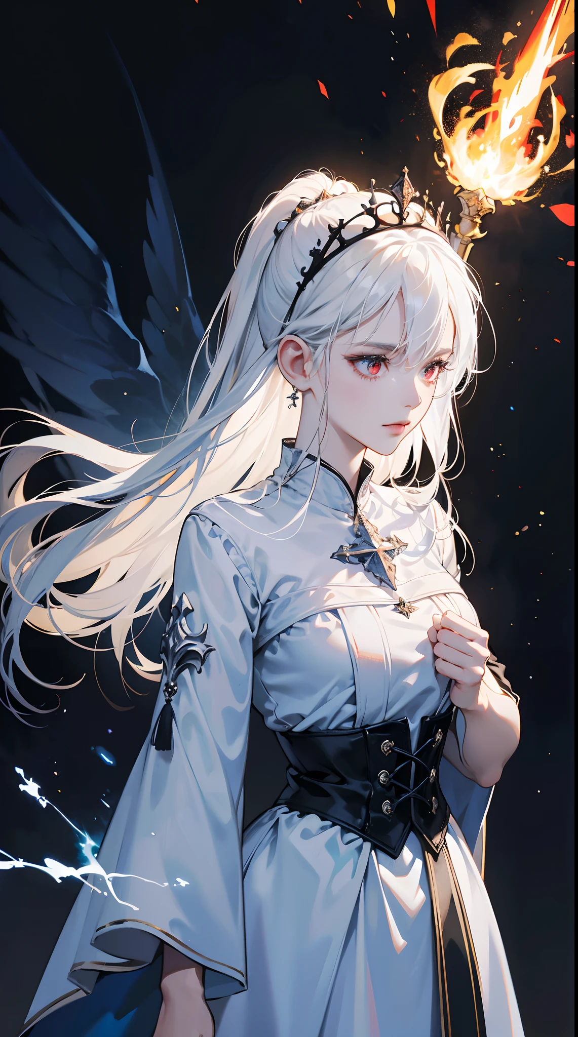 Gril, milf, saint, gothic white clothes, seksy, white hair, red eyes, angel crown, holly sword blue lightning, catedral background, fire lemen surround the body, fire particel hd light and dark visual background, balace rendering,dark atmosphere with bright particle light(epic image quality)(HD lighting and dark )(many effects in background)(8k visual, HD visual, no blur)