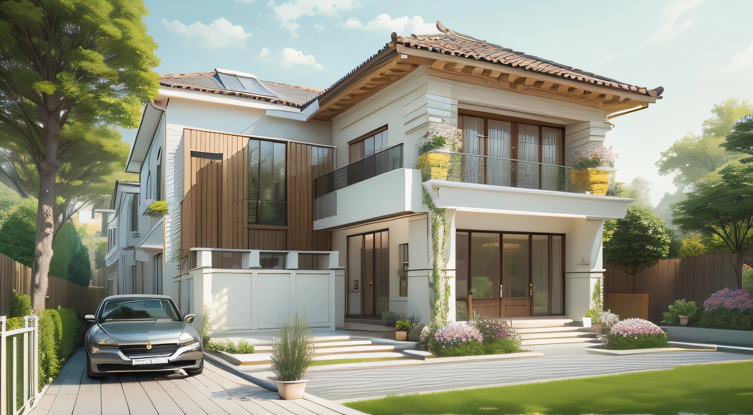 Rendering a neo classic 2-storey and 1-basement house  with a land area of 10x30 meters. The house's facade is designed symmetrically, using traditional materials such as brick, stone, and wood. Sophisticated and sophisticated decorative details. The main colors are white, yellow, brown. The garden is spacious and airy, designed with many trees and flowers. There is a swimming pool and aquarium.