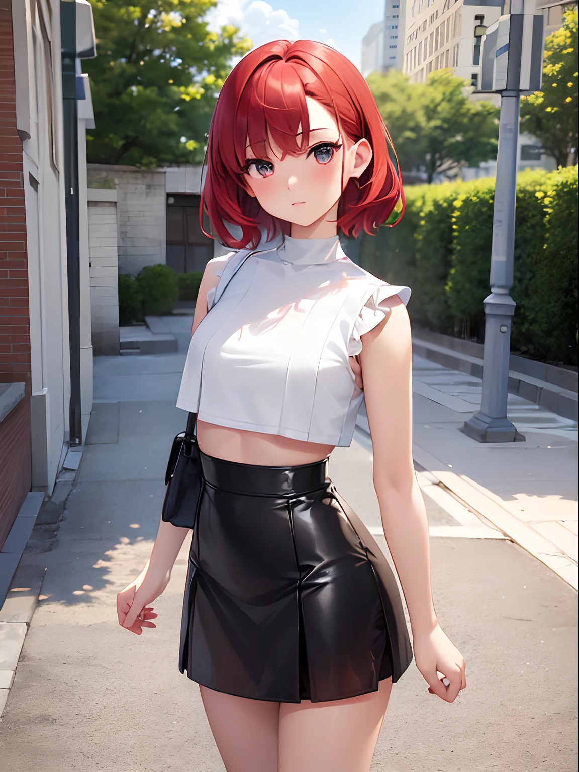 Masterpiece, high resolution, extremely detailed, realistic, 1girl, (((short red hair, brilliant beautiful bright eyes, extremely cute face, round face, big eyes, short, small body, very young, small waist, slender, lovestruck:1.4, blushing))), ((white crop top, black leather jacket, short black skirt)), (walking towards viewer, looking at viewer, staring), sunny weather