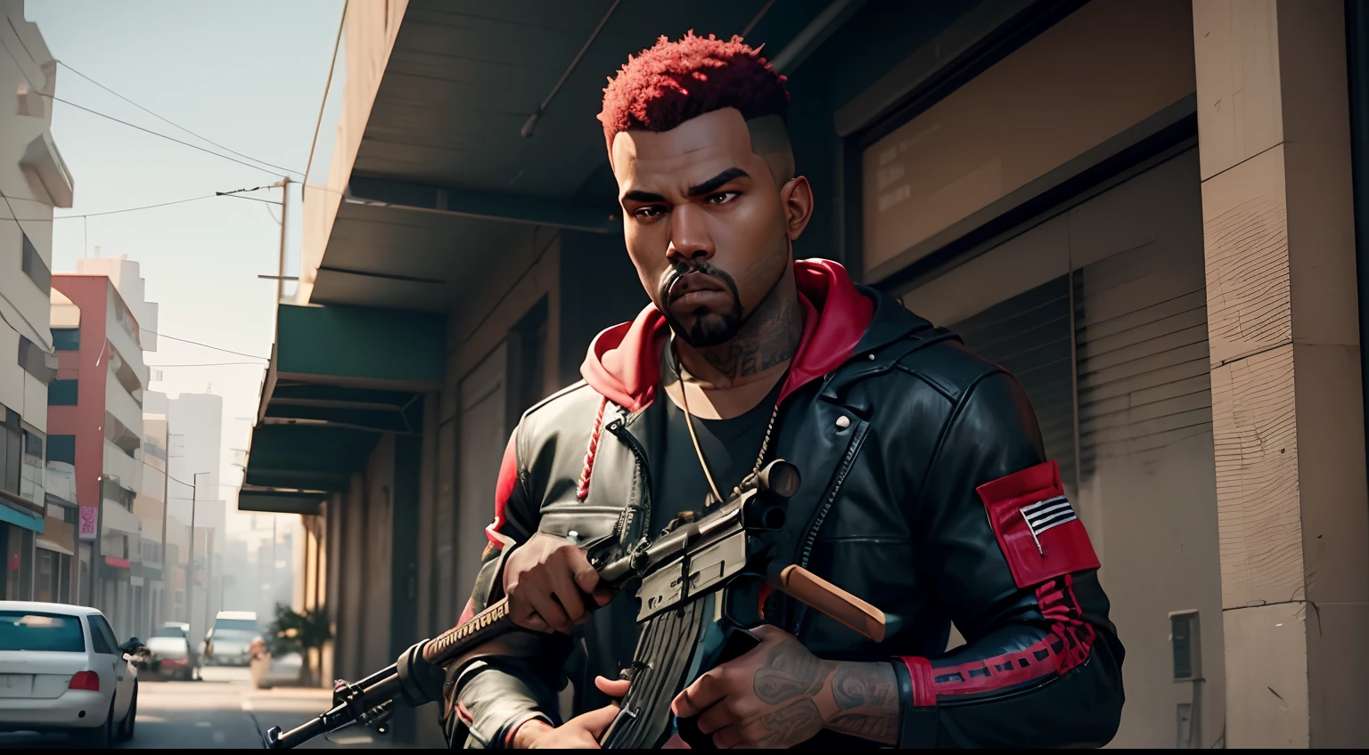 Kanye West em Gtav, empunhando fuzil de assalto, rifle in hand, Fuzil AK  47, arma de guerra fuzil AK 47,rifle.