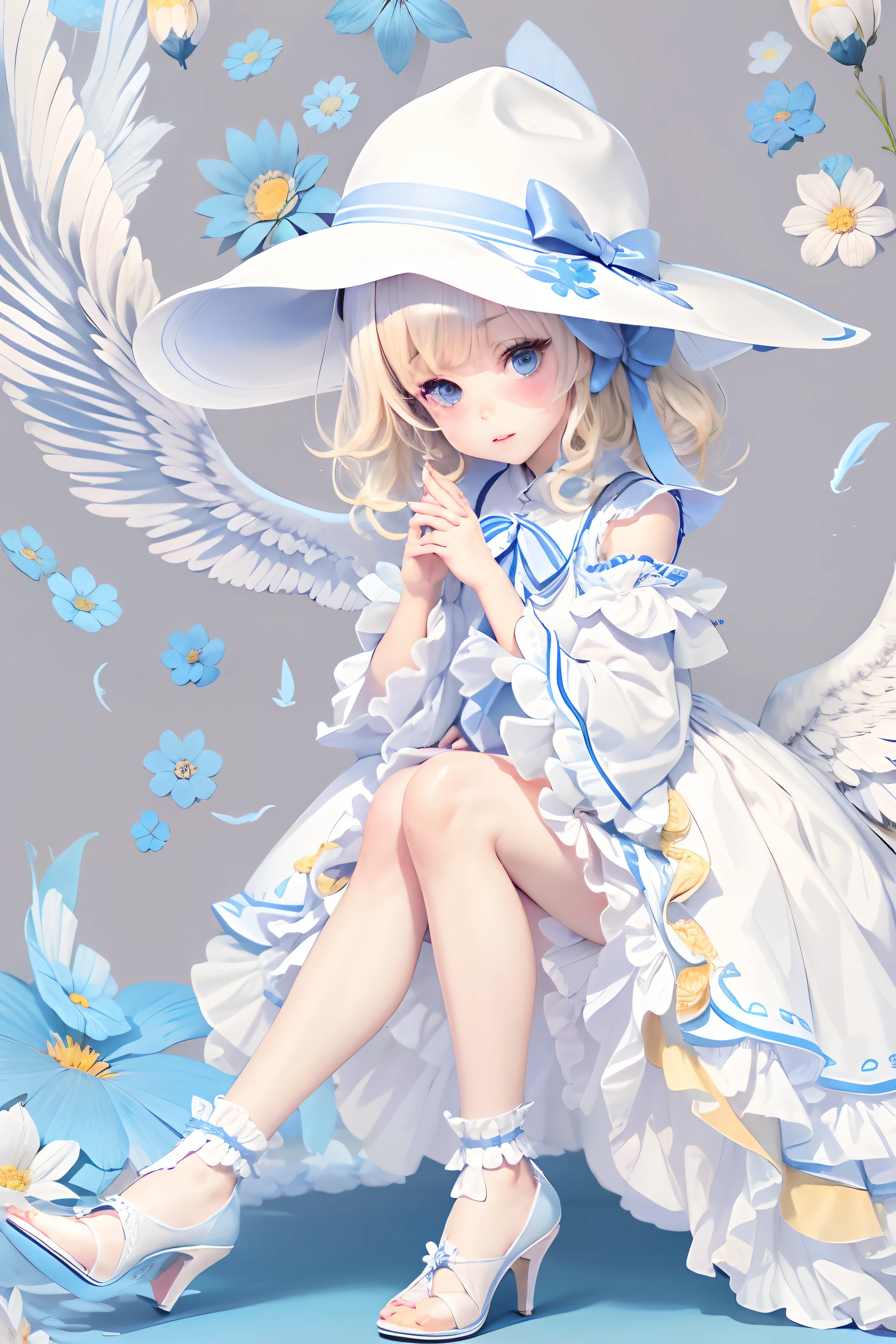 uekura, 1girl, blonde hair, white background, hat, dress, blue footwear, wings, simple background, signature, flower, nail polish, wide sleeves, long sleeves, blush, animal, white flower, solo, full body, bird, looking at viewer, high heels, hand on own cheek, hand on own face, frills, bow, bangs, ribbon, bell, blue headwear, +_+, socks, short hair, grey eyes, shoes, blue nails, feathered wings, blue bow