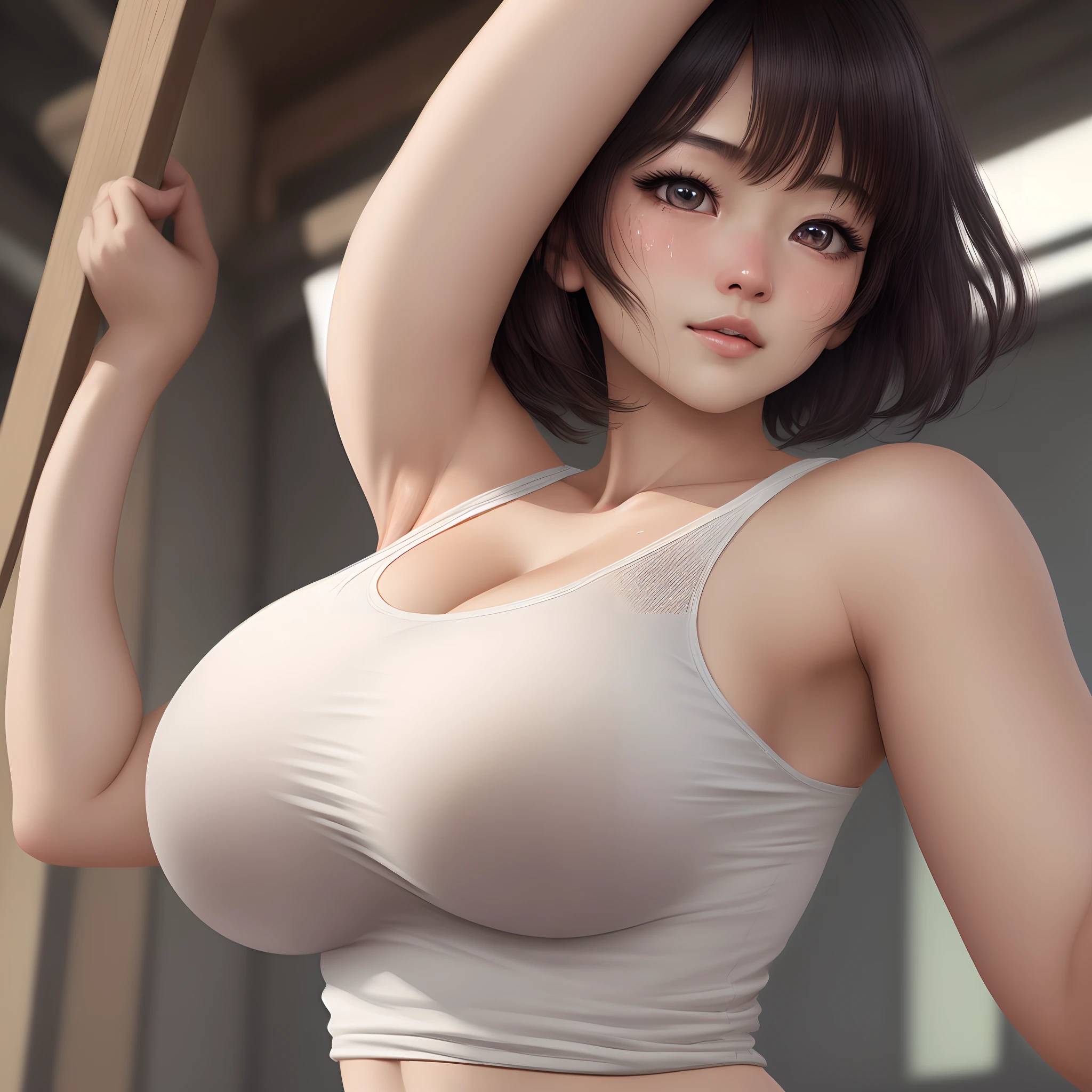 (ultra Realistic), (An illustration), (Highres), (8K), (highly detaild), (the best illustration), (Beautiful Detailed Eyes), (The Highest Quality), (Super Detailed), (master masterpiece), (Wallpapers), (Detailed Face), drooping eye,covered in sweat,up of the upper body,armpit,short haired,Inner Color,solo,Girl in a simple white tank top, Japanese people, huge boobs, (Camel Toes)