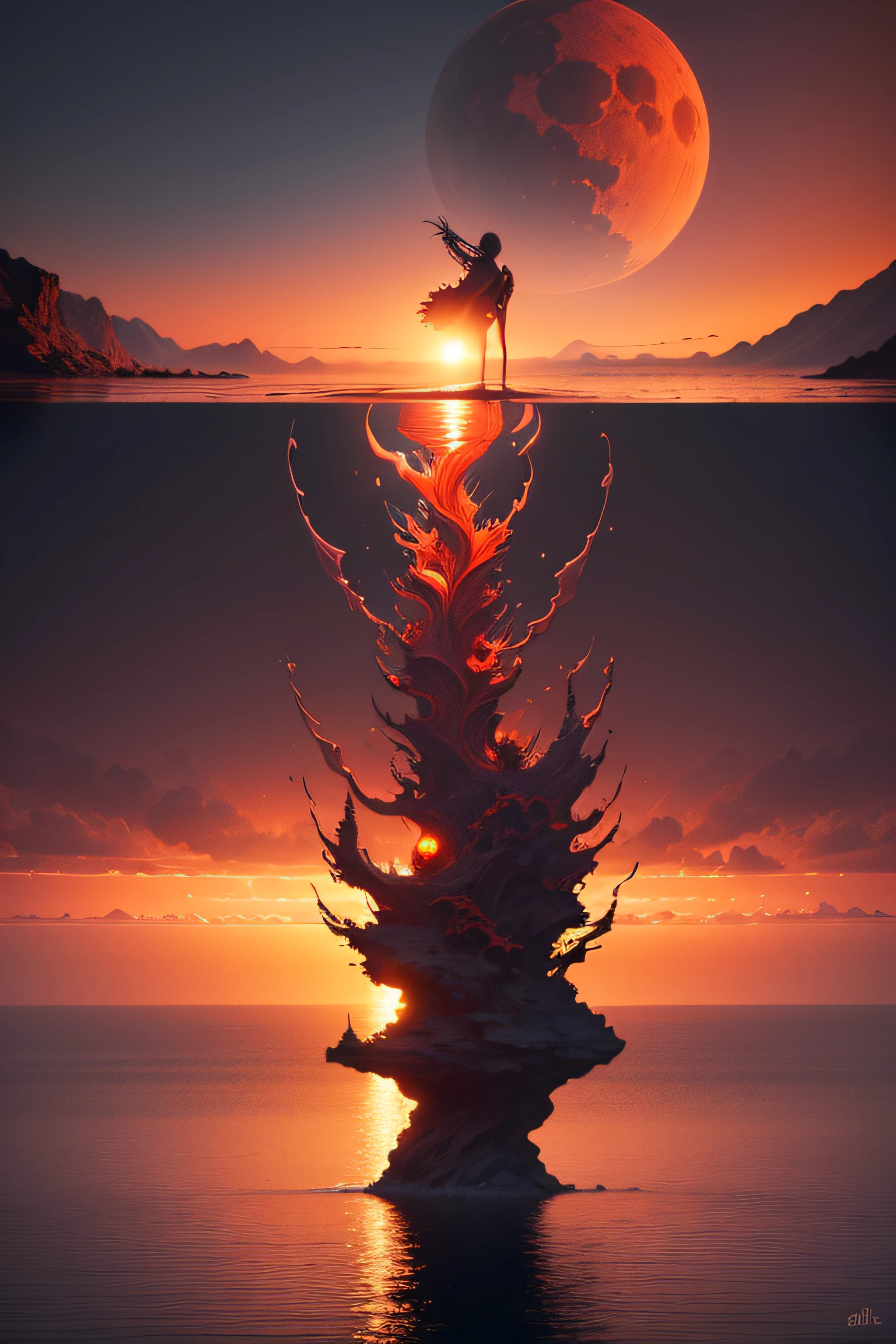 Obra-prima surrealista. Qualidade excepcional. Detalhes surpreendentes. Surreal CG rendering of a dark red sun rising above a tranquil lake surrounded by red clouds, autoiluminado |, Large area of clouds and fog in luminous tones, celestial lighting, cosmic enlightenment, Experience the fusion of abstract and realistic elements. Cores vibrantes e contrastantes. Atmosfera misteriosa. Silhueta de um mestre de Yoga. Surrealist technique in the representation of objects and figures. Organic textures and shapes. Dreamlike inspiration. Amazing composition and perspective. Enter a surreal world full of surprises and emotions.