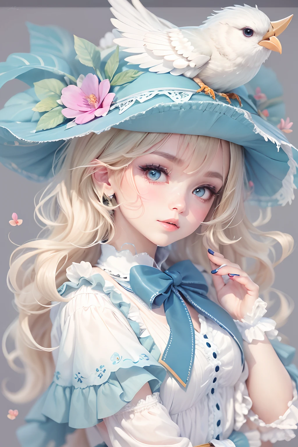 1girl, blonde hair, white background, hat, dress, blue footwear, wings, simple background, signature, flower, nail polish, wide sleeves, long sleeves, blush, animal, white flower, solo, full body, bird, looking at viewer, high heels, hand on own cheek, hand on own face, frills, bow, bangs, ribbon, bell, blue headwear, +_+, socks, short hair, grey eyes, shoes, blue nails, feathered wings, blue bow