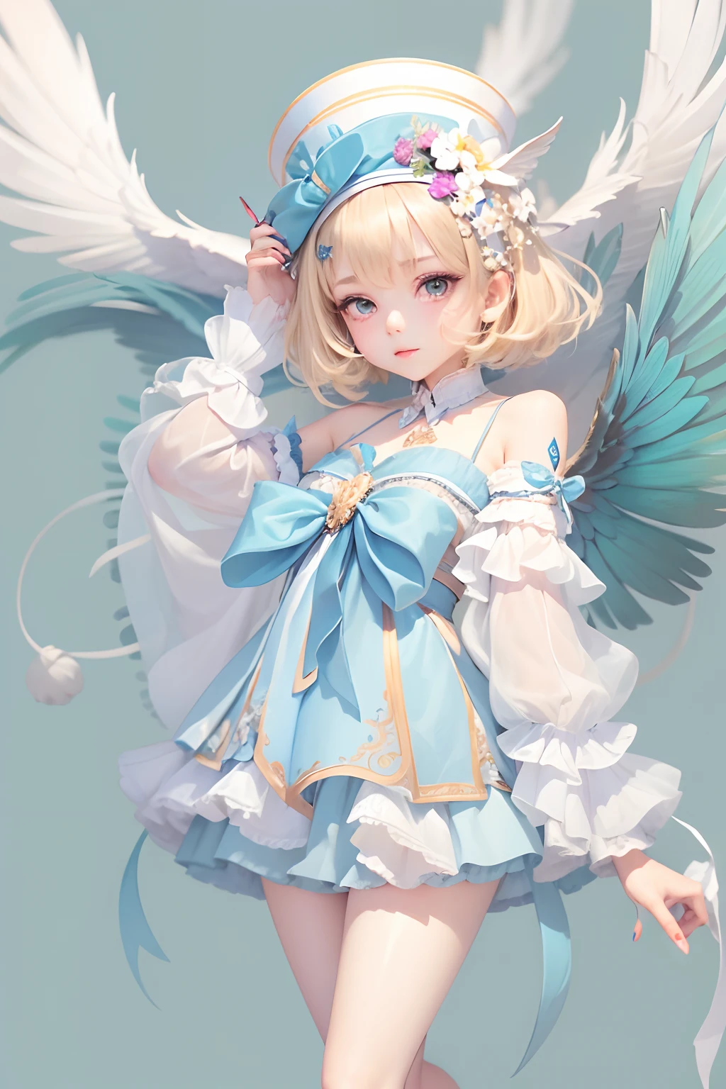 1girl, blonde hair, white background, hat, dress, blue footwear, wings, simple background, signature, flower, nail polish, wide sleeves, long sleeves, blush, animal, white flower, solo, full body, bird, looking at viewer, high heels, hand on own cheek, hand on own face, frills, bow, bangs, ribbon, bell, blue headwear, +_+, socks, short hair, grey eyes, shoes, blue nails, feathered wings, blue bow