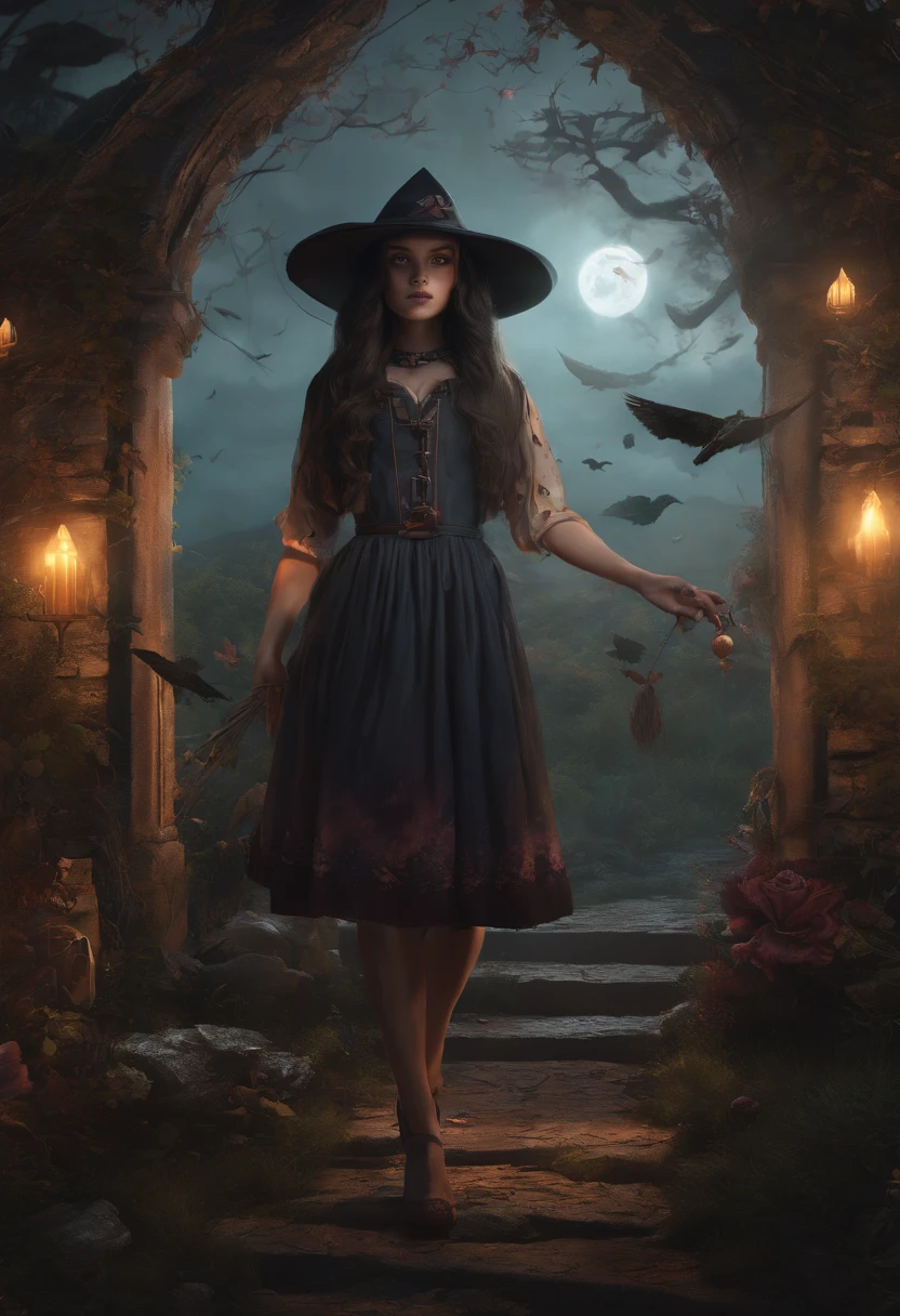 A girl witch with a dark aura, exuding a terrifying presence. Beware, as her aura is so intense that it can lead to death upon seeing it. The artwork portrays a girl witch in a garden setting, surrounded by skeletal remains, emphasizing the eerie and macabre atmosphere. The art medium is a detailed and intricate illustration, with an emphasis on photorealistic rendering and extreme attention to detail. The colors are desaturated, with a predominance of dark and cool tones, enhancing the sinister and unsettling mood. The lighting in the scene is dim and moody, with rays of moonlight casting haunting shadows on the landscape. The artwork captures the girl witch's face, emphasizing her beautiful yet menacing eyes, detailed lips, and long eyelashes, conveying a sense of otherworldly charm and dark power.