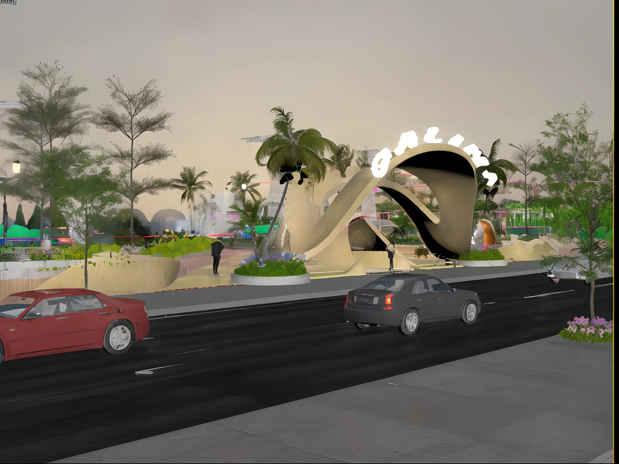 one moon,(rain:1.5),(night view:1.1),(park center lightting:1.5),(colorful illumination:1.1),((realistic)),commercial activities,fancy,landscape park,(tropical garden:1.2),(landscape architecture),(riverside street),clean sky,((modern sculpture)),((tropical style)),lamb along the road,((Unique urban park)),((real people)),((masterpiece)), ((realistic)), starlight, brushwood, Cobbled path, The moon shines on the road, (Masterpiece), (High quality), Best Quality, Real, Super Detail, ((Full Detail)), (4k), 8k,Modern Style, extremely perfect light, ((Best quality)),view from outdoors,walking dog
