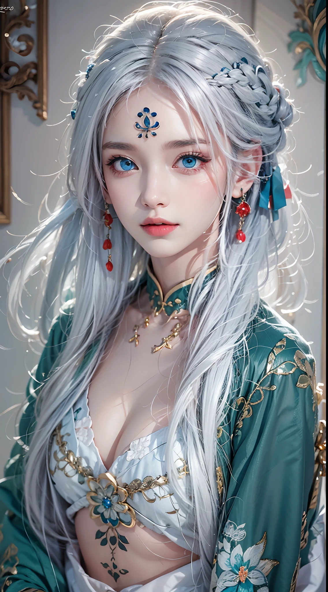 photorealistic, high resolution, soft lights, 1women, solo, hips up, blue eyes, white hair, long hair, hanfu jewelry, tattoo