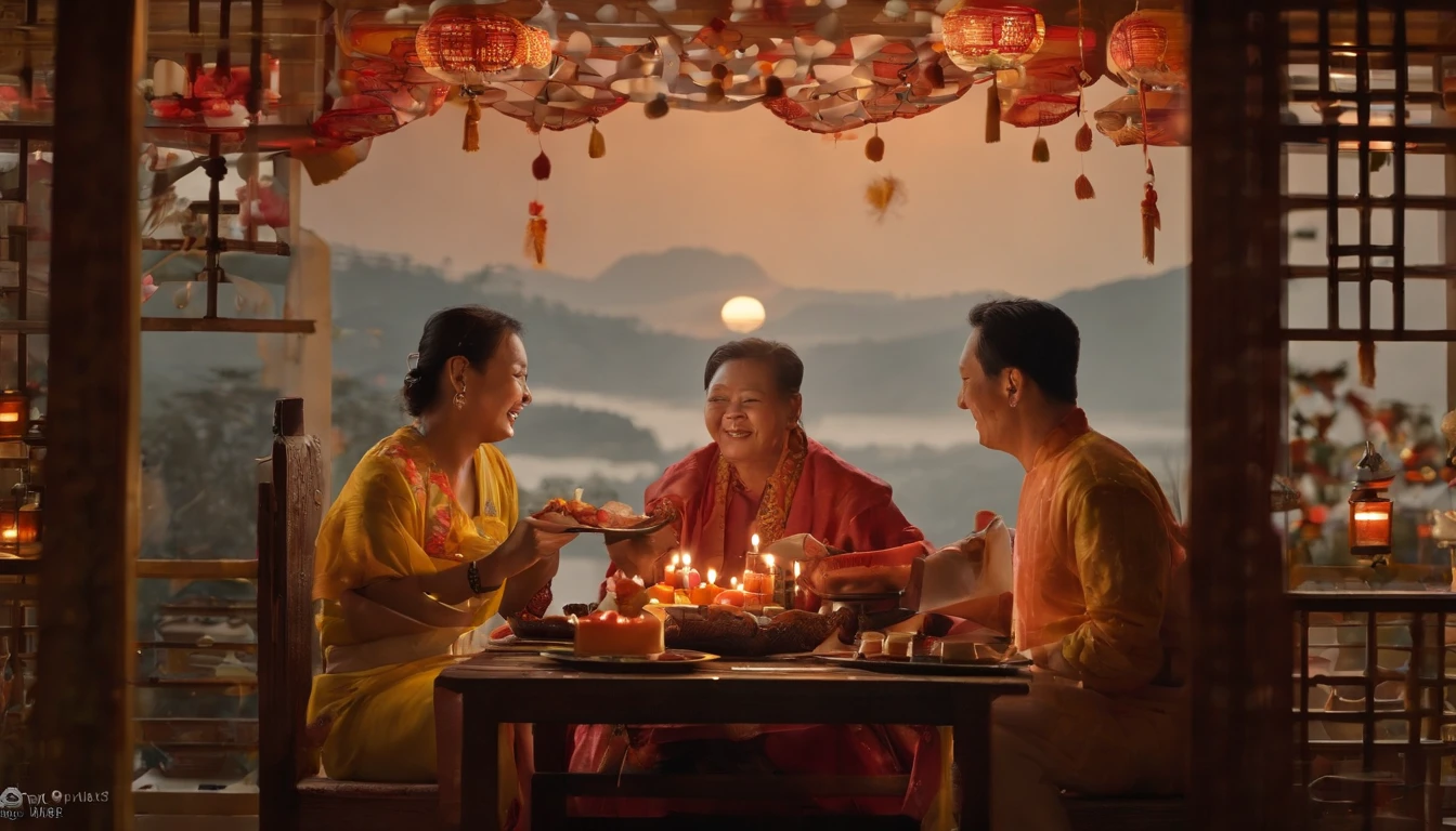 Mid-Autumn Festival, Auspicious clouds, Behind the huge moon, Warm colors, Full moon and stars in sky illustrationThe family sits together eating mooncakes, smile in face, Have in the living room、Bright house scene,extremely detailed face and skin,Heartwarming scene,perfect detail