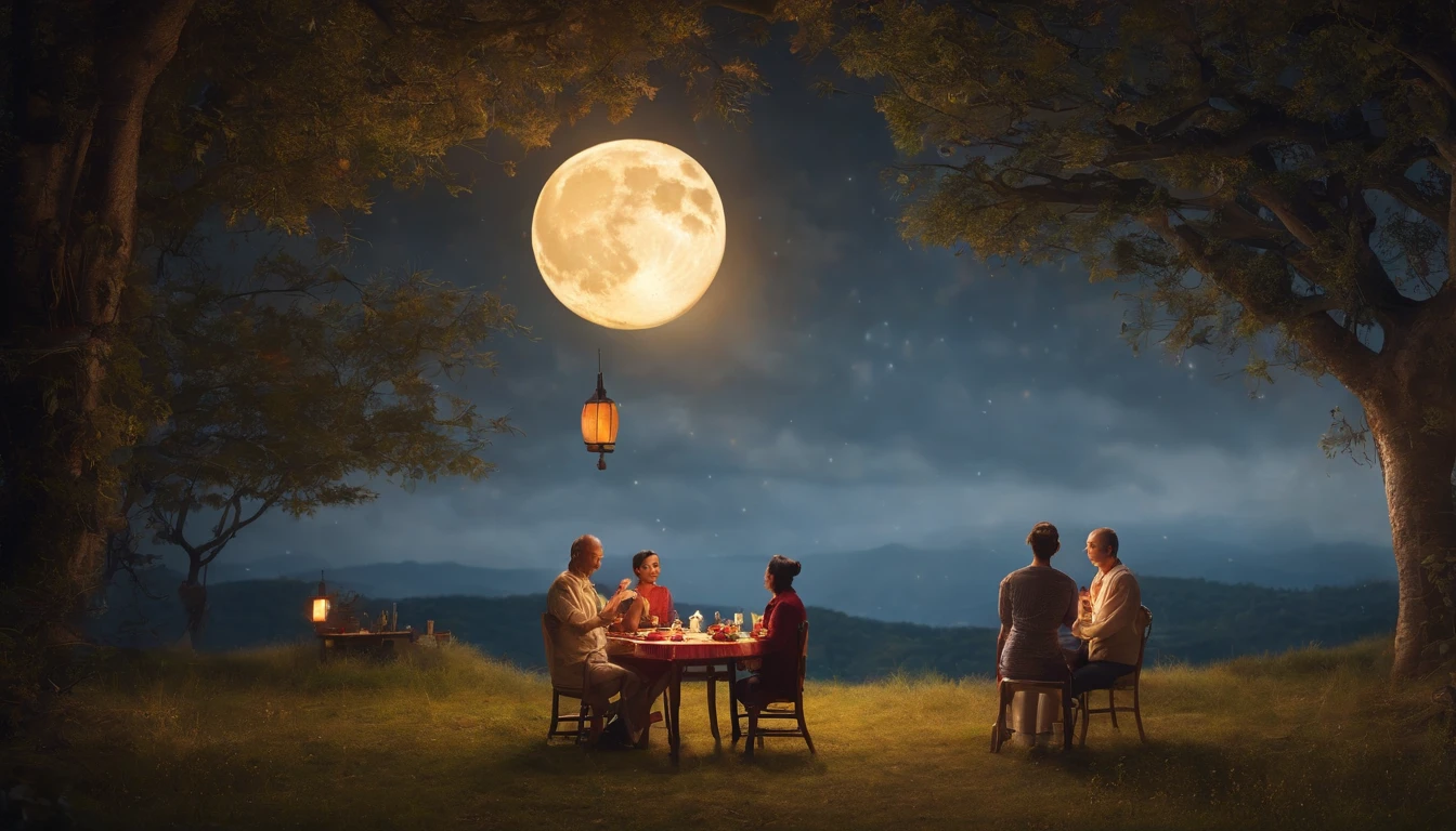 Mid-Autumn Festival, Auspicious clouds, Behind the huge moon, Warm colors, Full moon and stars in sky illustrationThe family sits together eating mooncakes, smile in face,  Have in the living room、Bright house scene，extremely detailed face and skin，Heartwarming scene，perfect detail