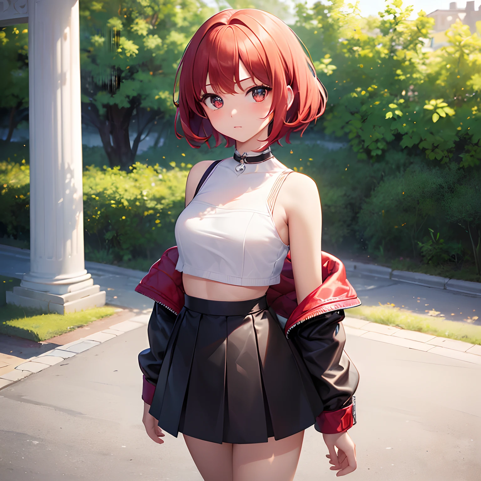 Masterpiece, high resolution, extremely detailed, realistic, 1girl, (((short red hair, (brilliant beautiful bright eyes:1.5), extremely cute face, round face, big eyes, short, small body, very young, small waist:1.5, slender, lovestruck:1.4, blushing))), ((white crop top, black leather jacket, short black skirt)), (walking towards viewer, looking at viewer, staring), sunny weather