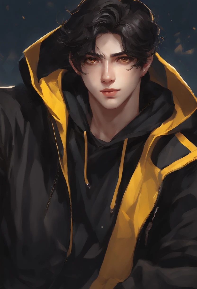 anime guy with yellow eyes and black hair in a black and yellow hoodie, high quality anime artstyle, artwork in the style of guweiz, digital anime illustration, anime style character, inspired by Bian Shoumin, anime style portrait, male anime style, anime boy, high quality fanart, highly detailed exquisite fanart, young anime man, by Yang J , brown eyes