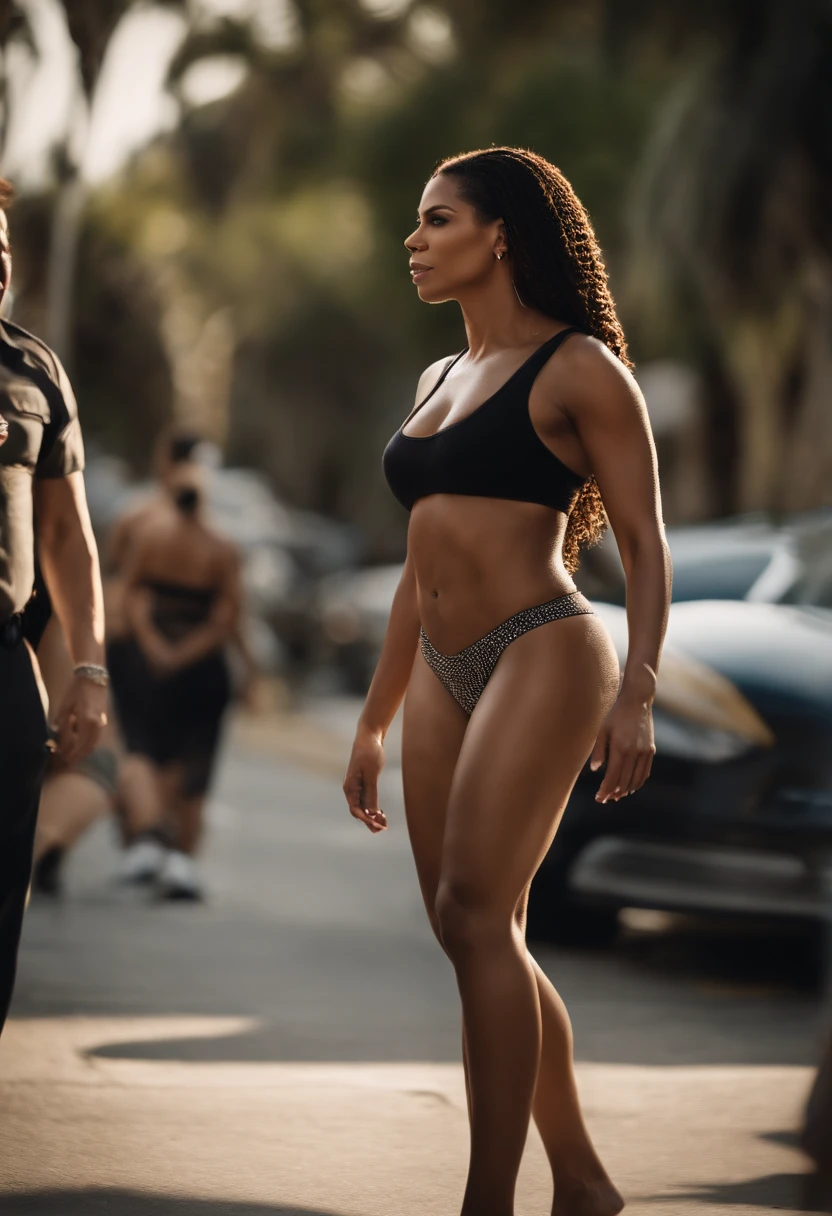 A big Booty black woman mixed Beyonce with Sandra bullock wearing a street wear t-shirt and a micro bikini
