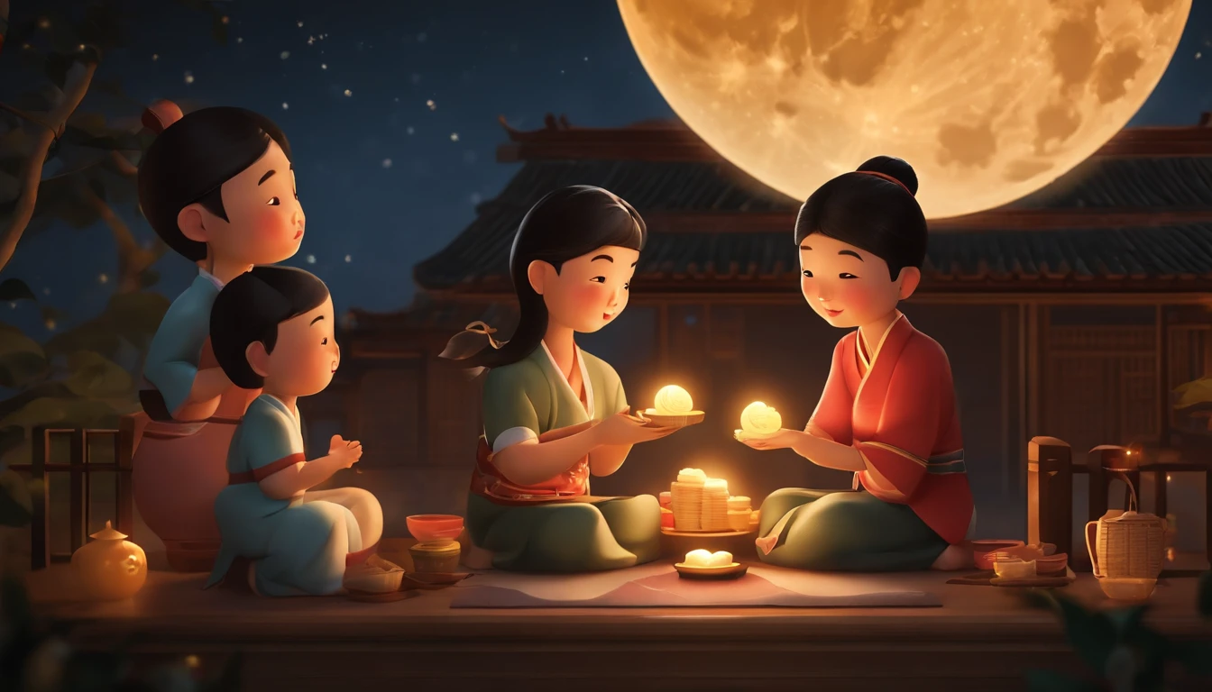 Mid-Autumn Festival, Auspicious clouds, Behind the huge moon, Warm colors, Full moon and stars in sky illustrationThe family sits together eating mooncakes, smile in face, Have in the living room、Bright house scene,extremely detailed face and skin,Heartwarming scene,perfect detail