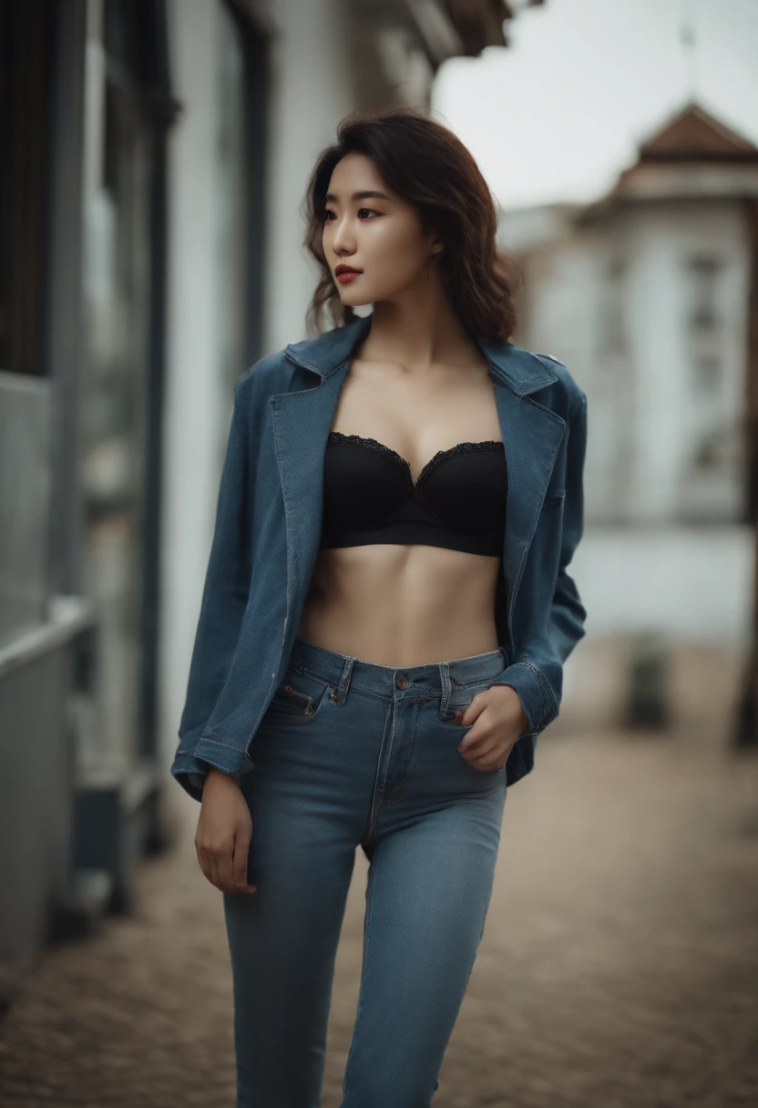 Wearing a black stocking denim miniskirt，Asian slim woman in black lace bra，Close-up of the foot，photorealestic，hentail realism，skin textures，Sexy belly