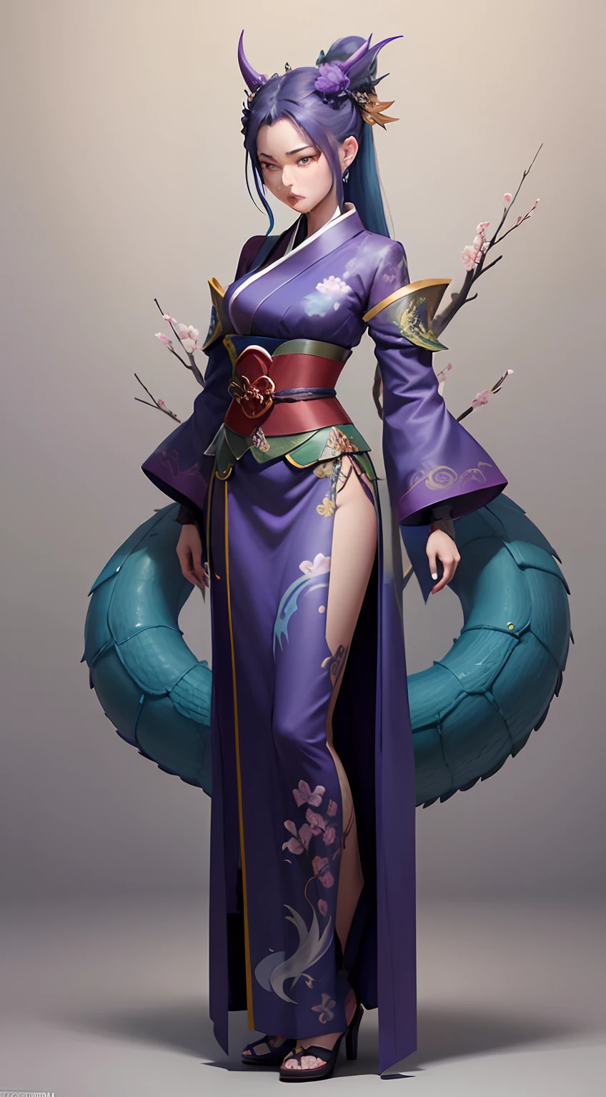 Complete game character design,Green Dragon Summons,Green Dragon,Kimono Girl,Royal Sister,Tall and tall,There is nervousness,Sense of oppression,vibrant with colors,Azulin color scheme,Coordinated color scheme,Plum blossom atmosphere,SENSE OF CINEMA,Tattooed with,CG illustration,Whole body diagram