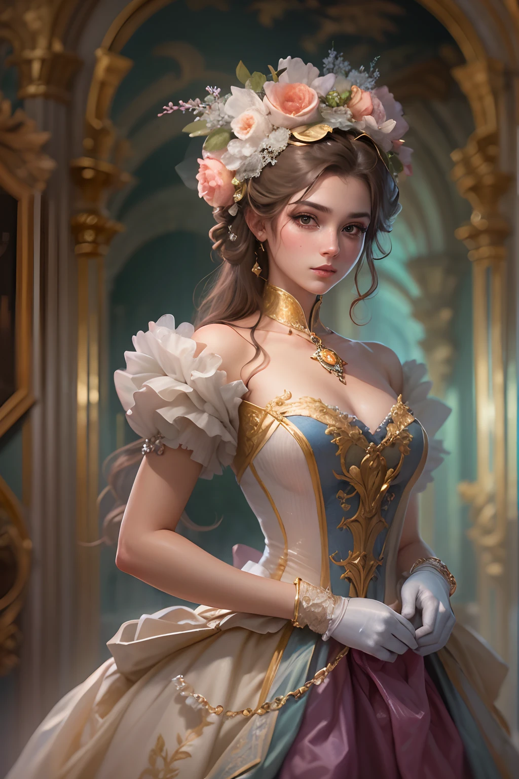 High quality, highly detailed CG unity 8k wallpaper beautiful girl oil painting, masquerade, rococo gown