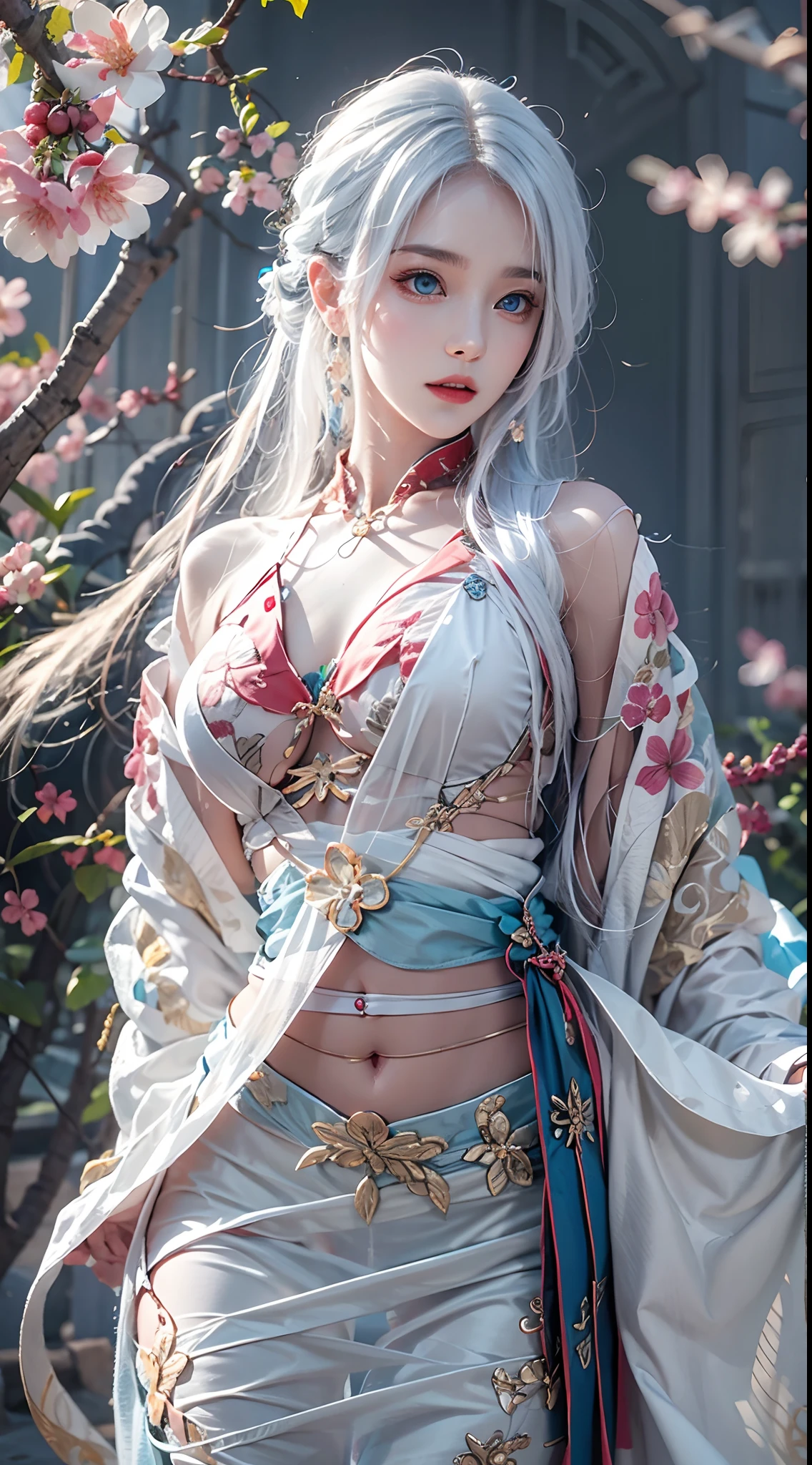photorealistic, high resolution, soft lights, 1women, solo, hips up, blue eyes, white hair, long hair, hanfu, hips up, jewelry, tattoo, cherry blossom