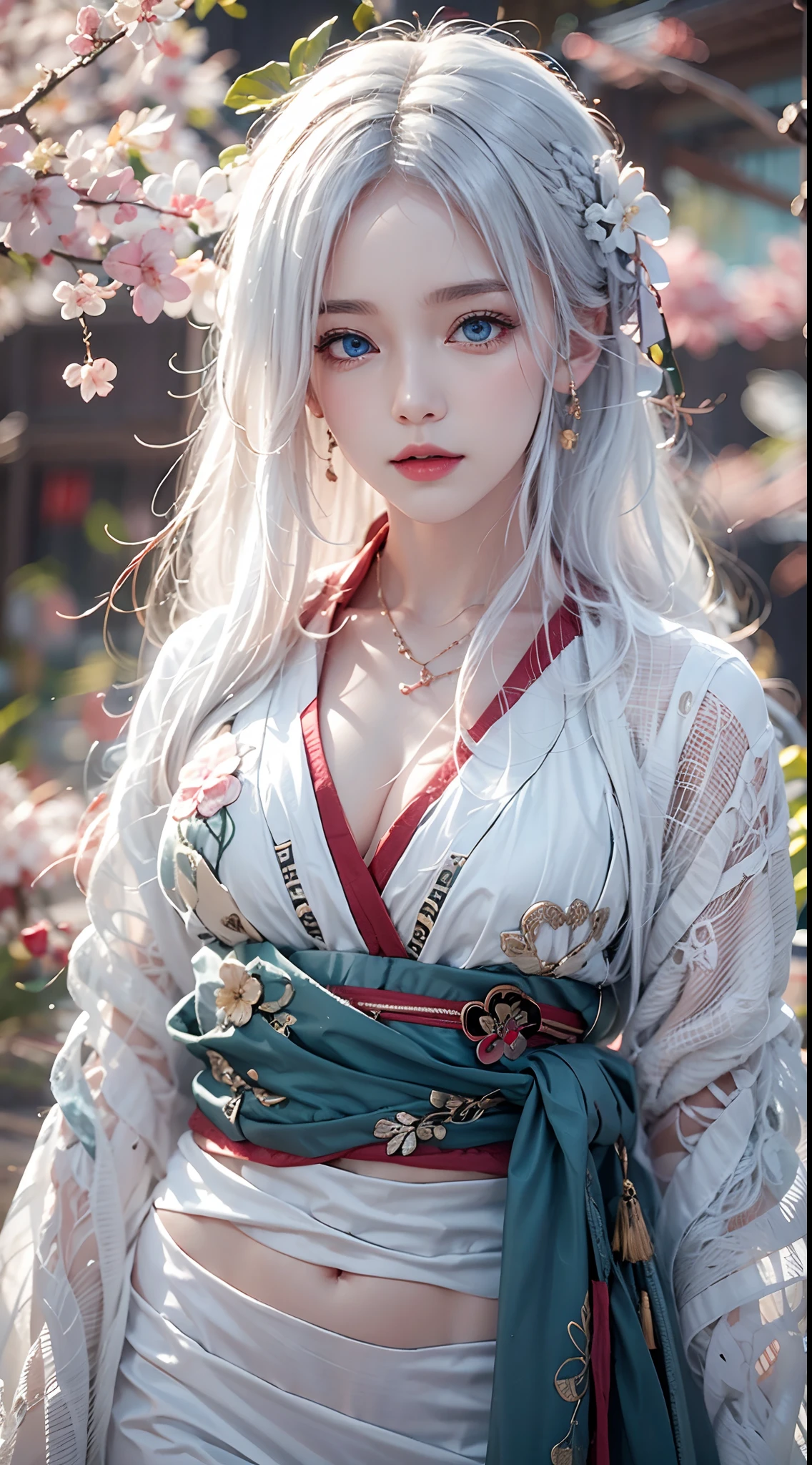 photorealistic, high resolution, soft lights, 1women, solo, hips up, blue eyes, white hair, long hair, hanfu, hips up, jewelry, tattoo, cherry blossom