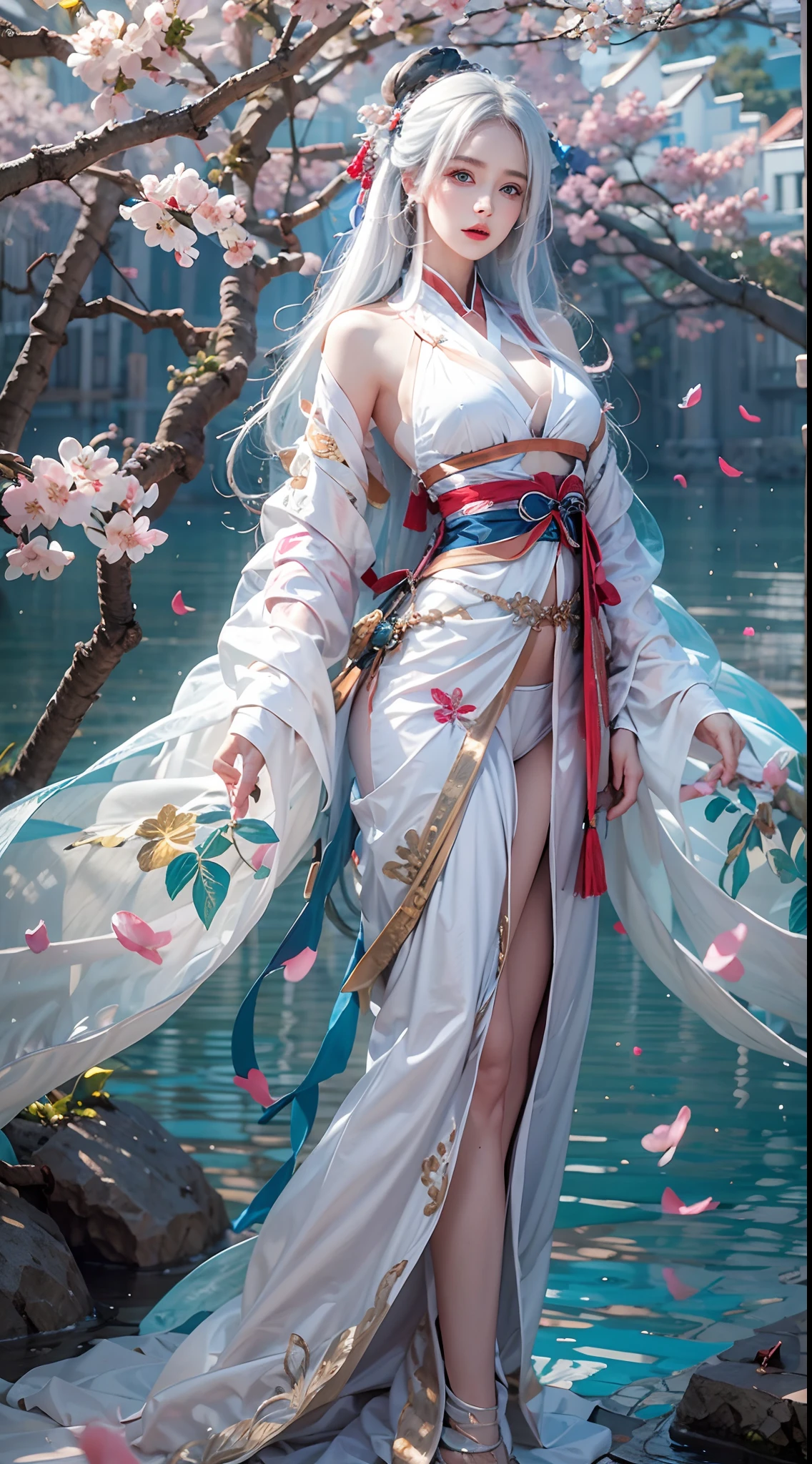photorealistic, high resolution, soft lights, 1women, solo, hips up, blue eyes, white hair, long hair, hanfu, hips up, jewelry, tattoo, cherry blossom