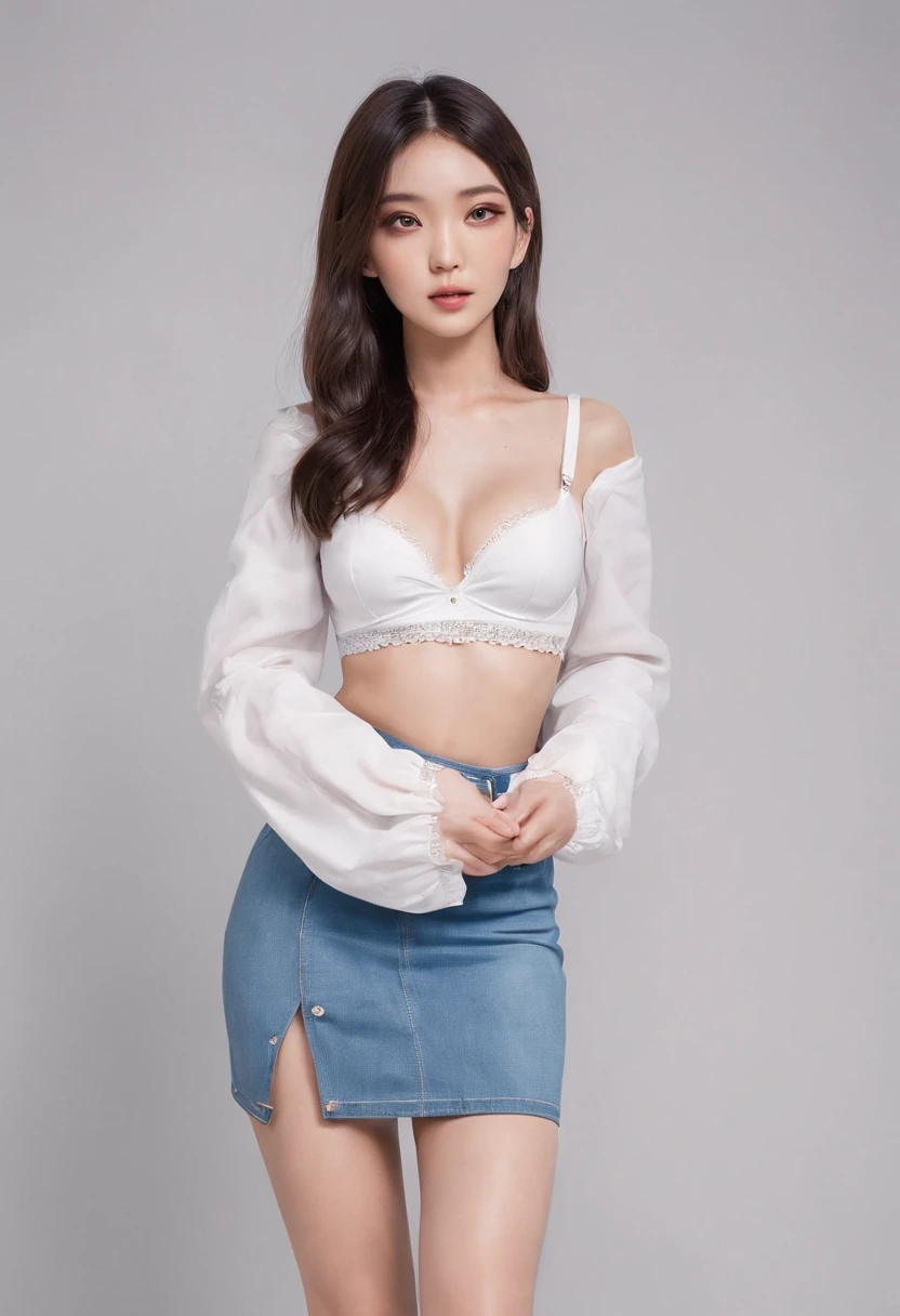 Girl poses for a photo in a white bra and denim skirt with full sleeve tights back with a crop top, slender bra, small breasts, skinny female model, 24-year-old female model.,Korean Girl Beautiful Face,Black Hair