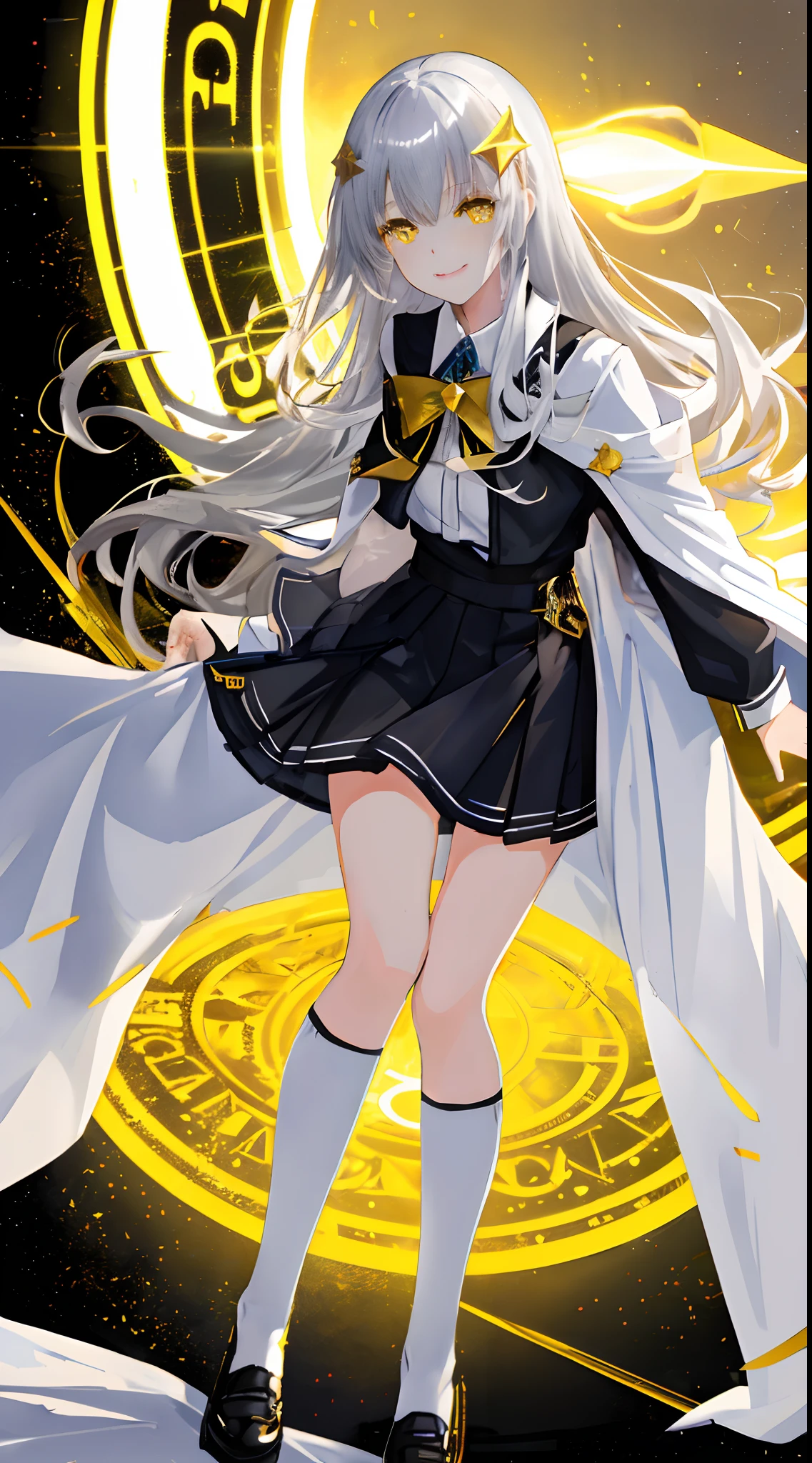 Full Body, Silver-haired young girl, yellow eyes, angelic body and face, and black high school uniform dress with a mini skirt, holding a shield, wearing a cloak, and golden hairpin, top on the bed, sun, and, high moon background scene, the magic circle with a diamond star, innocent smile, stable diffusion v5, anime style v3, lora style v5, dynamic, image enhance, dream shape, vibrant, realistic face, 32k resolution, upscale, sharp focus, best quality, masterpiece, ghostmix, flat color, flat light.
