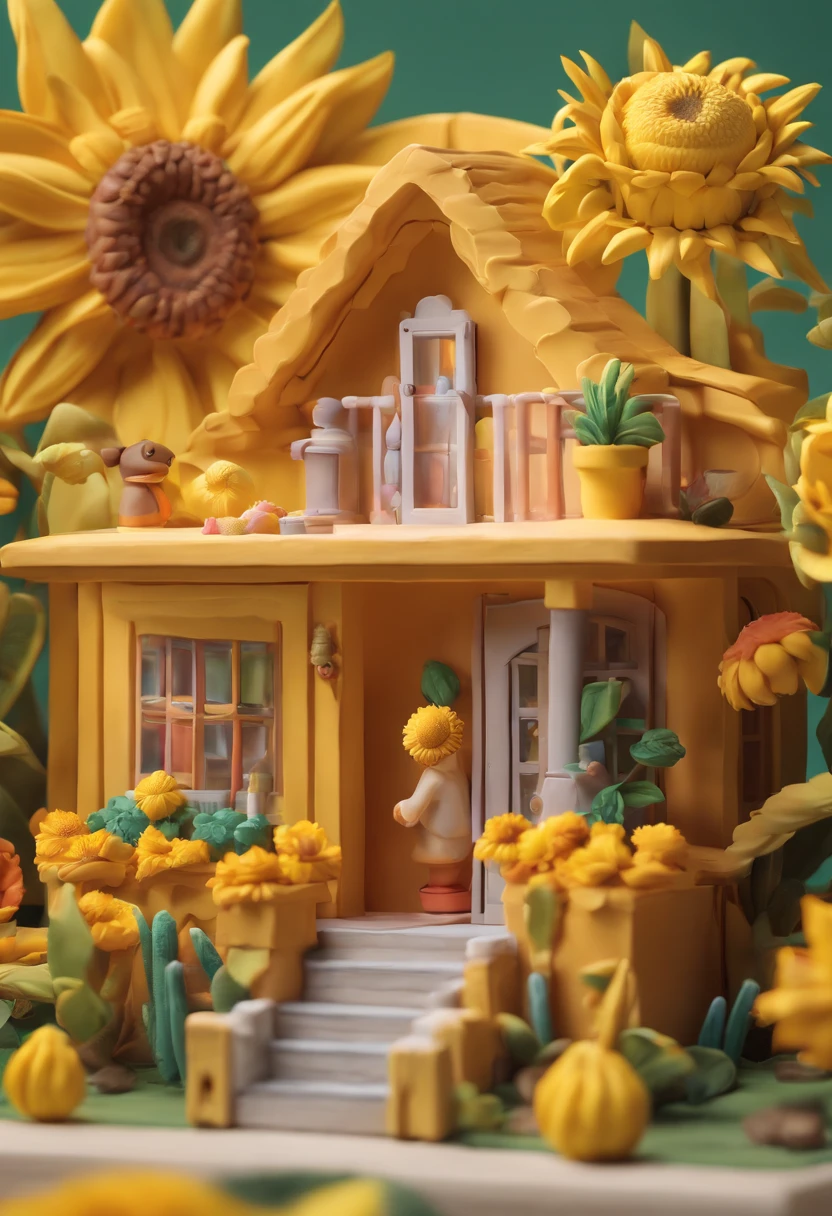 Sunflower House Gloria Studio, The garden is full of sunflowers, Clay material, Cartoon design style, pop mart, Soft lighting, Smooth lines, tilt shift lens, Detailed science fiction illustration, Hyper-realistic details, warm color