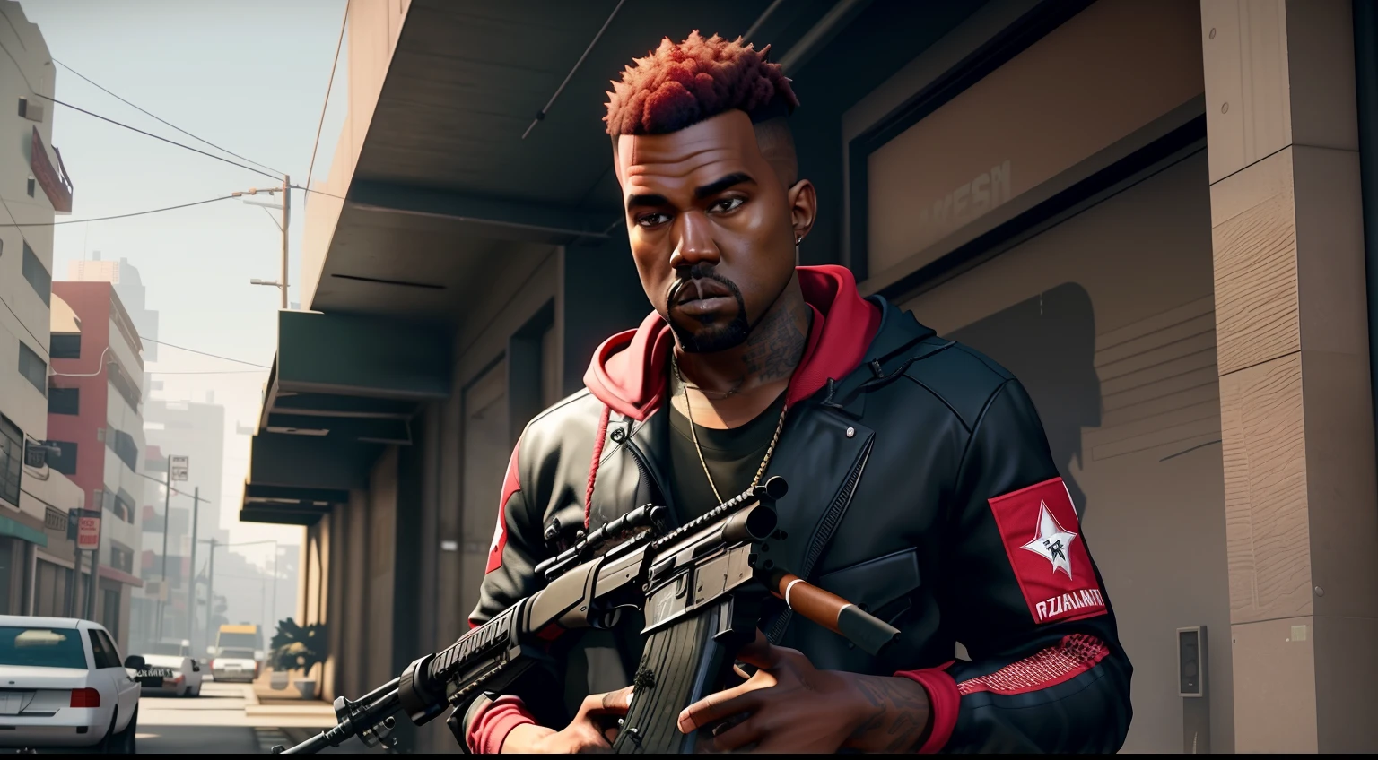 Kanye West em Gtav, empunhando fuzil de assalto, rifle in hand, Fuzil AK 47, arma de guerra fuzil AK 47,rifle.uma AK 47
