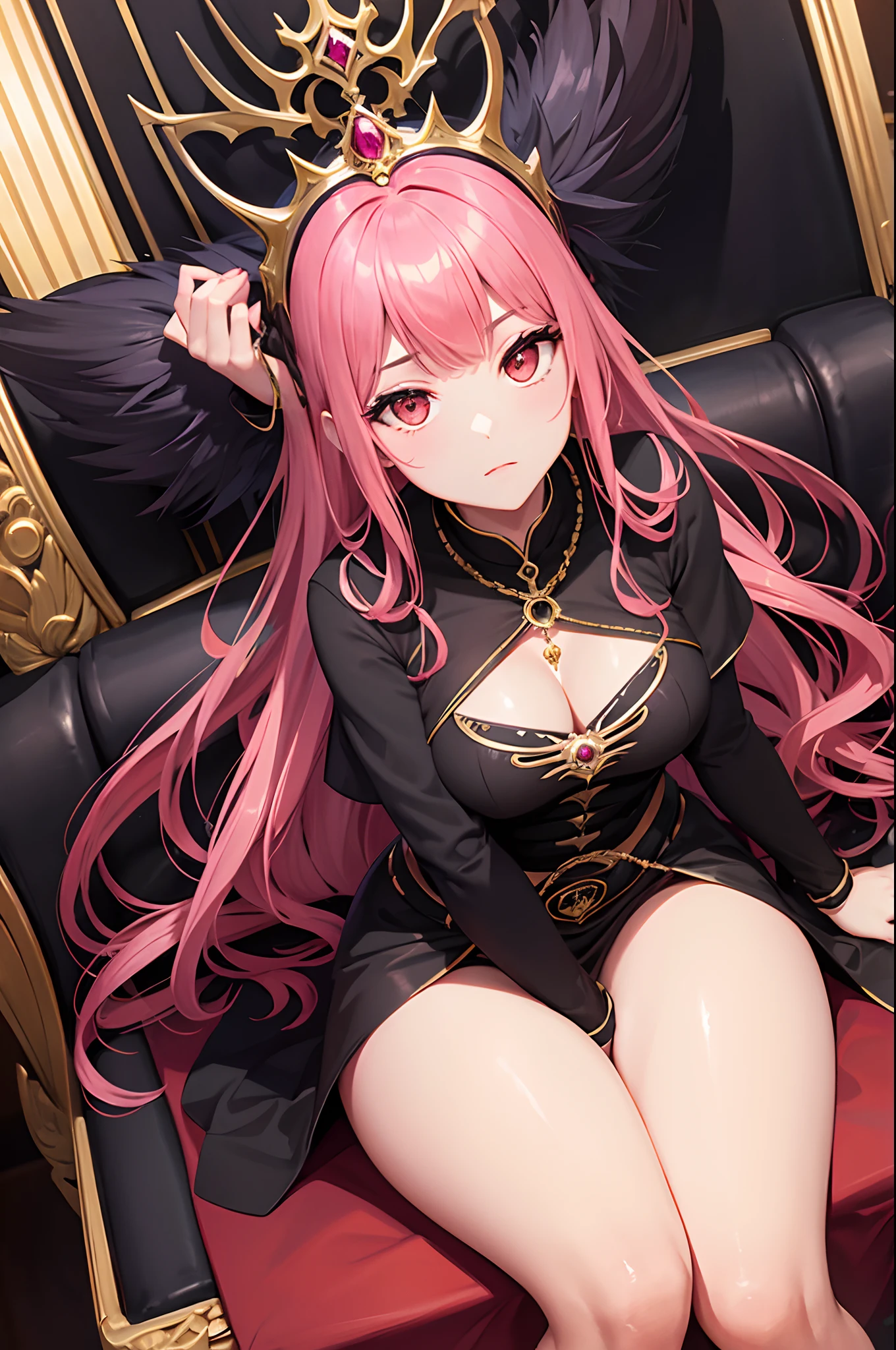 Reina demonio, gigantesca, hermosa, pelo rosa, fondo oscuro, sentada en un trono, fantasy, joven, aura poderosa, estilo anime