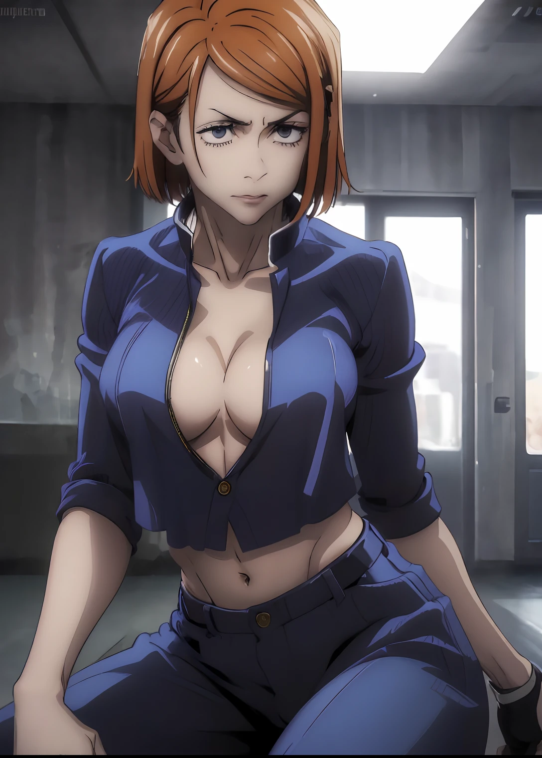 ((top quality, 8k, masterpiece: 1.3, ultra hd, high quality, best quality, high definition, realism)), sharp focus: 1.5, Model Nobara kugisaki with a muscular body, orange eyes, Mole under the outer edge of the eye, Short orange hair, Small breasts, Abs, Arm muscle, Open shirt buttons showing breast cleavage, visible stomach, Sexy and seductive pose On Chair, thighs wide open