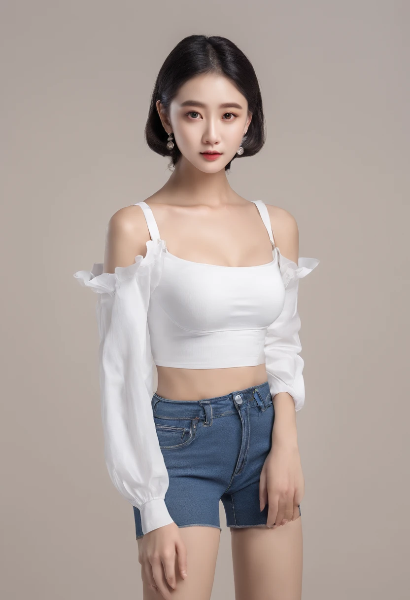 Girl poses for a photo in a white bra and denim skirt with full sleeve tights back with a crop top, slender bra, small breasts, skinny female model, 24-year-old female model.,Korean Girl Beautiful Face,Black Hair