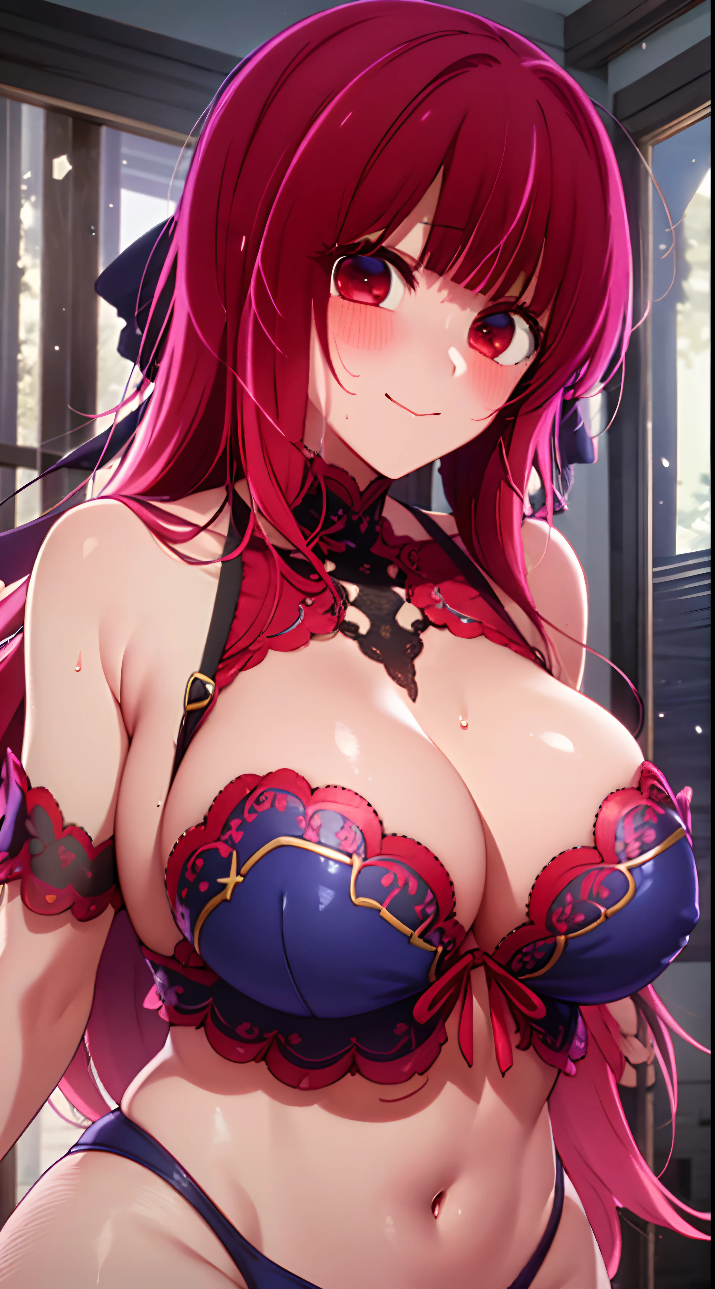 masterpiece, best quality, HD, 4K, Ultra-high resolution, Extreme Detail, Super detailed,beautiful eyes, beautiful hair, Beautiful side, beautiful skin, reality, Arima Kana, Redhead, red eyes, big breasts,red lace underwear , arms in front spread arms,ahegao, blush, sweat, Charming smile, Close-up, Look at the viewer