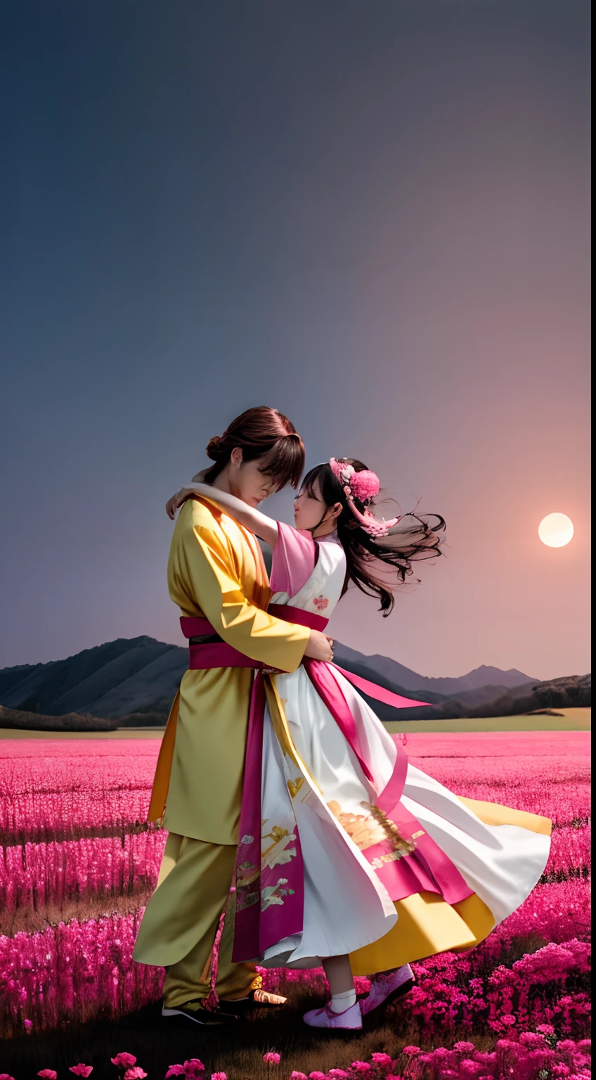 (( In a pink and and yellow rise field)) Beautiful korean girl, with long brown hair, wearing a red and white hanfu coolred in layers of gold designs, intimate, romantic, master piece, best quality, moonlight, dancing, misty,