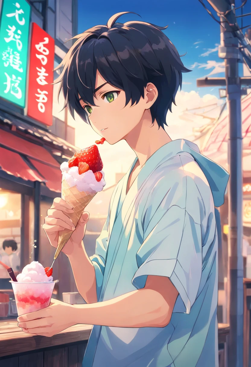 boy, 20 years old, black hair, summer yukata outfit, summer, eating strawberry shaved ice cream, cup of shaved ice, holding a cup of shaved ice in one hand, holding a spoon in the other, delicious food, wind cool, light green, detailed, best quality
