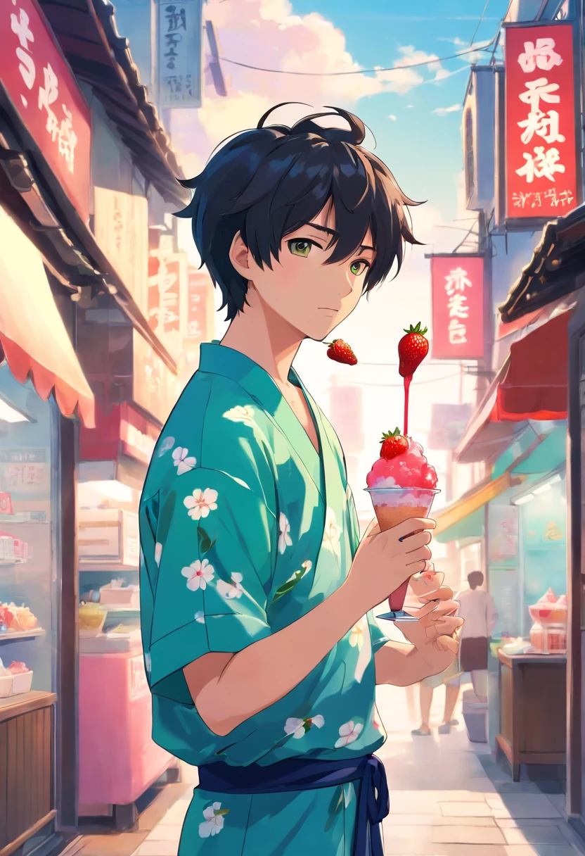 boy, 20 years old, black hair, summer yukata outfit, summer, eating strawberry shaved ice cream, cup of shaved ice, holding a cup of shaved ice in one hand, holding a spoon in the other, delicious food, wind cool, light green, detailed, best quality