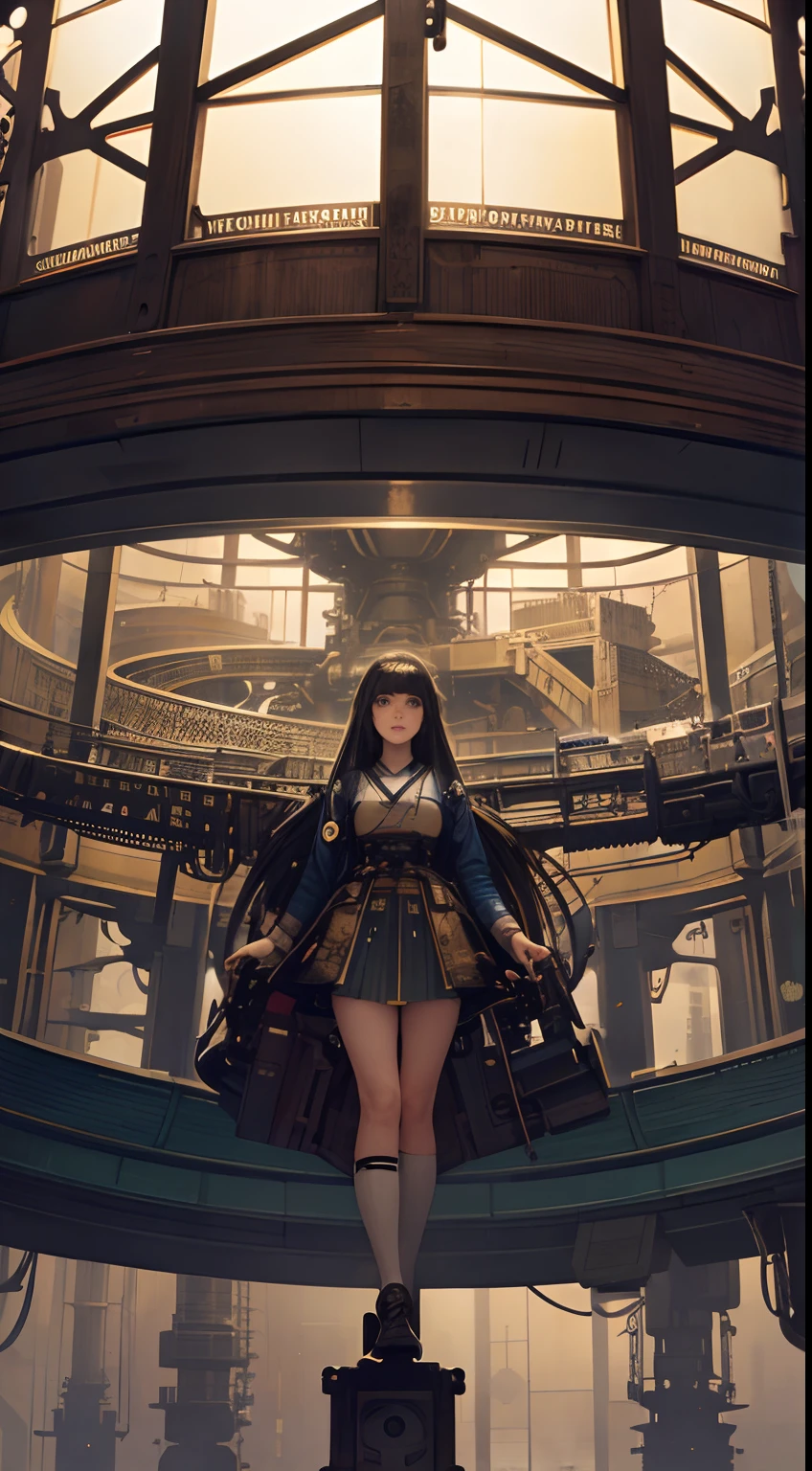 Jim Burns, Albert Robida, Japanese Anime, surreal, realistic, weird, hyper detailed, sci-fi, fantasy, realistic, Temporal Orrery, Mecha-loving high school girl, in the factory, under repair