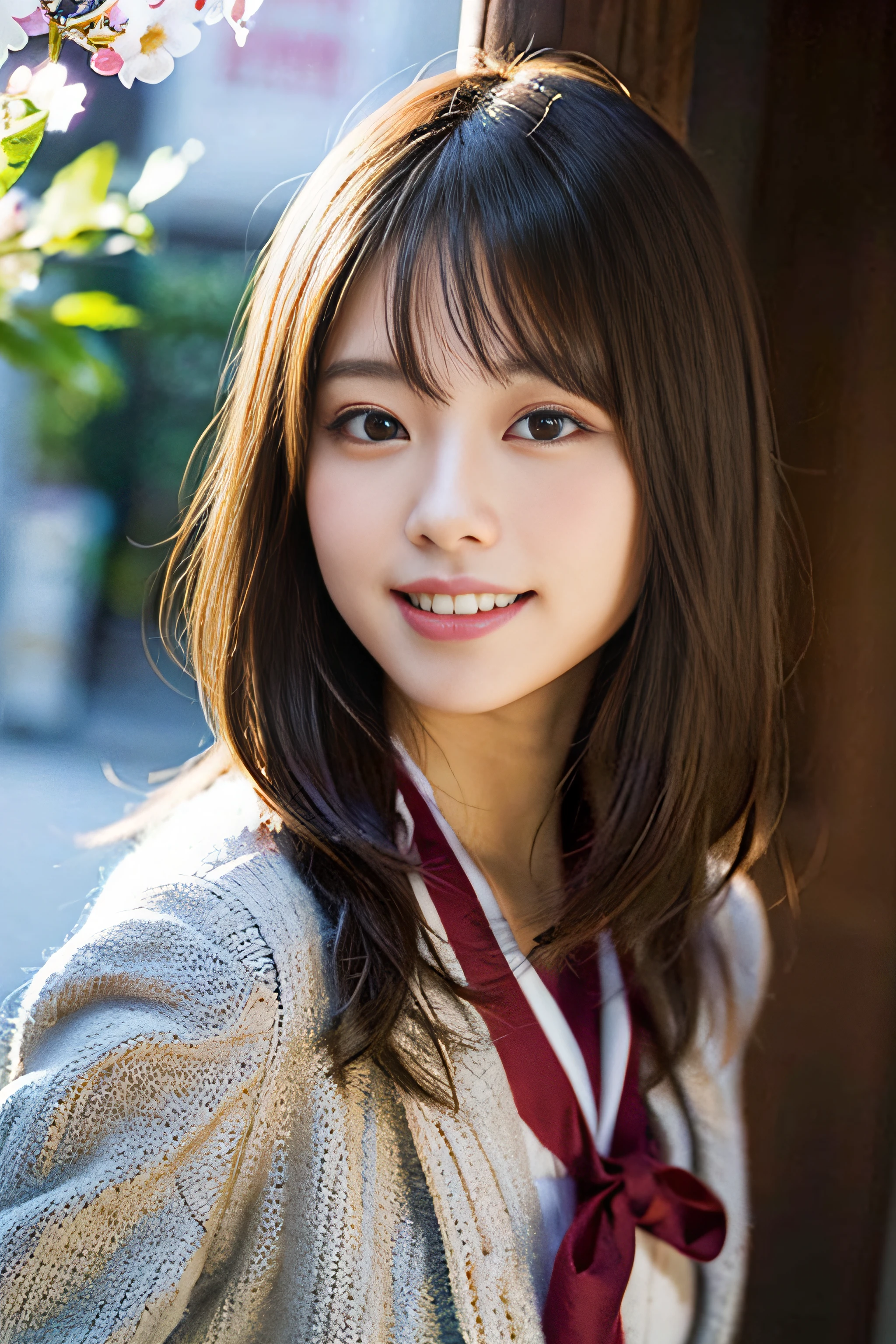 (8K、Raw photography、top-quality、masterpiece:1.2)、(realisitic、Photorealsitic:1.37)、ultra-detailliert、超A high resolution、1人、see the beholder、beautifull detailed face、A smile、Constriction、(Slim waist) :1.3)、Beautiful detailed skin、Skin Texture、Floating hair、Professional Lighting、Whole human body、Longhaire、a blond、japanese hight school uniform、hi-school girl、School route、cherry trees、Red ribbons、Bob Hair、Happy smile