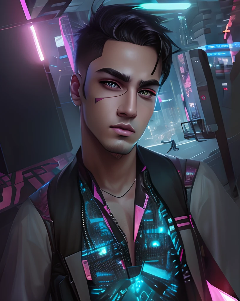 Change background cyberpunk handsome boy realistic face