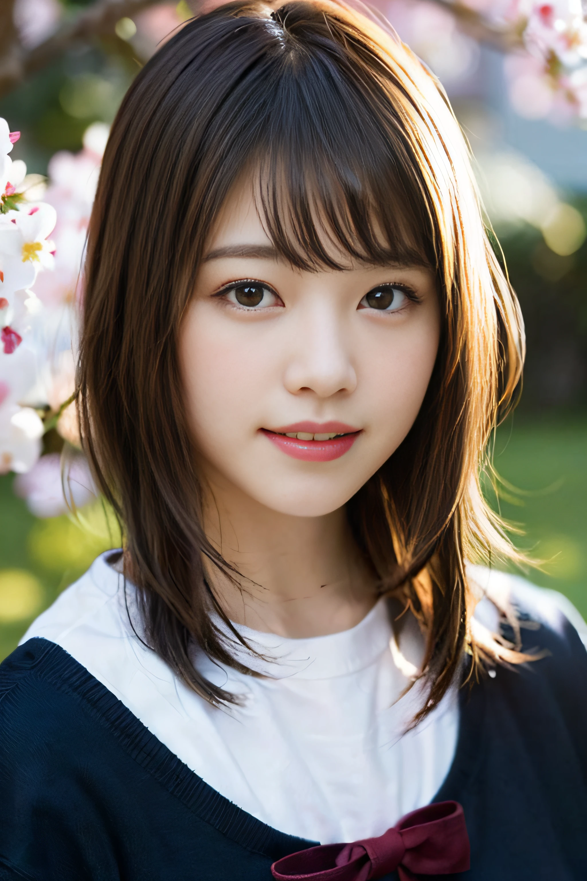 (8K、Raw photography、top-quality、​masterpiece:1.2)、(realisitic、Photorealsitic:1.37)、ultra-detailliert、超A high resolution、1人、see the beholder、beautifull detailed face、A smile、Constriction、(Slim waist) :1.3)、Beautiful detailed skin、Skin Texture、Floating hair、Professional Lighting、Whole human body、Longhaire、a blond、japanese hight school uniform、hi-school girl、School route、cherry trees、Red ribbons、Bob Hair、Happy smile