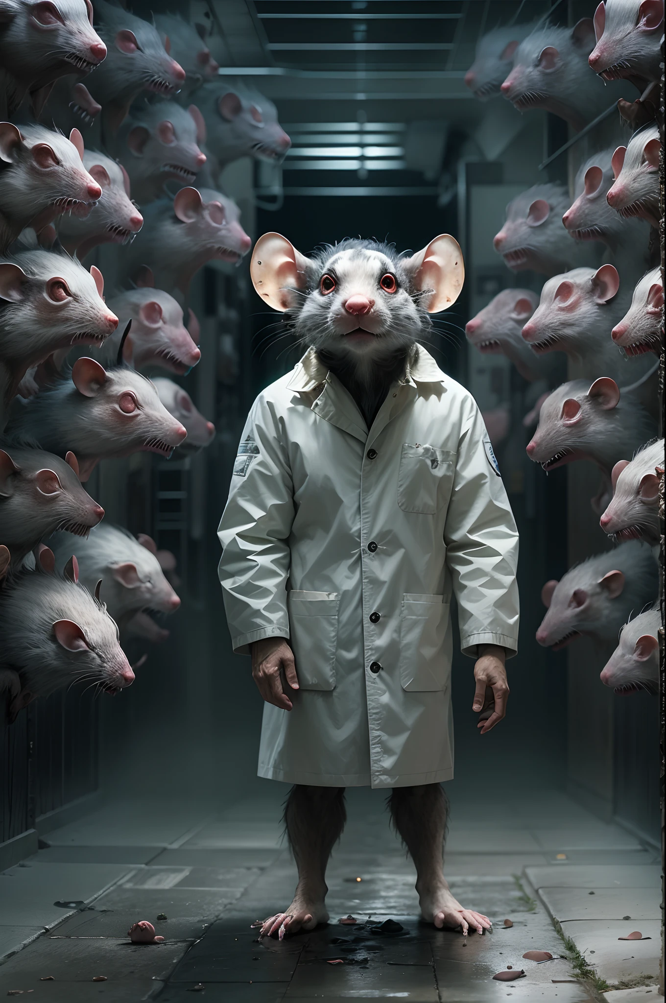 Detailed photos,Rat Man,Full body like,Mouse's head,The human body,Standing creatures,Researcher in a white coat,David Cronenberg's cinematic style,Horror and horror style,Dark and damp