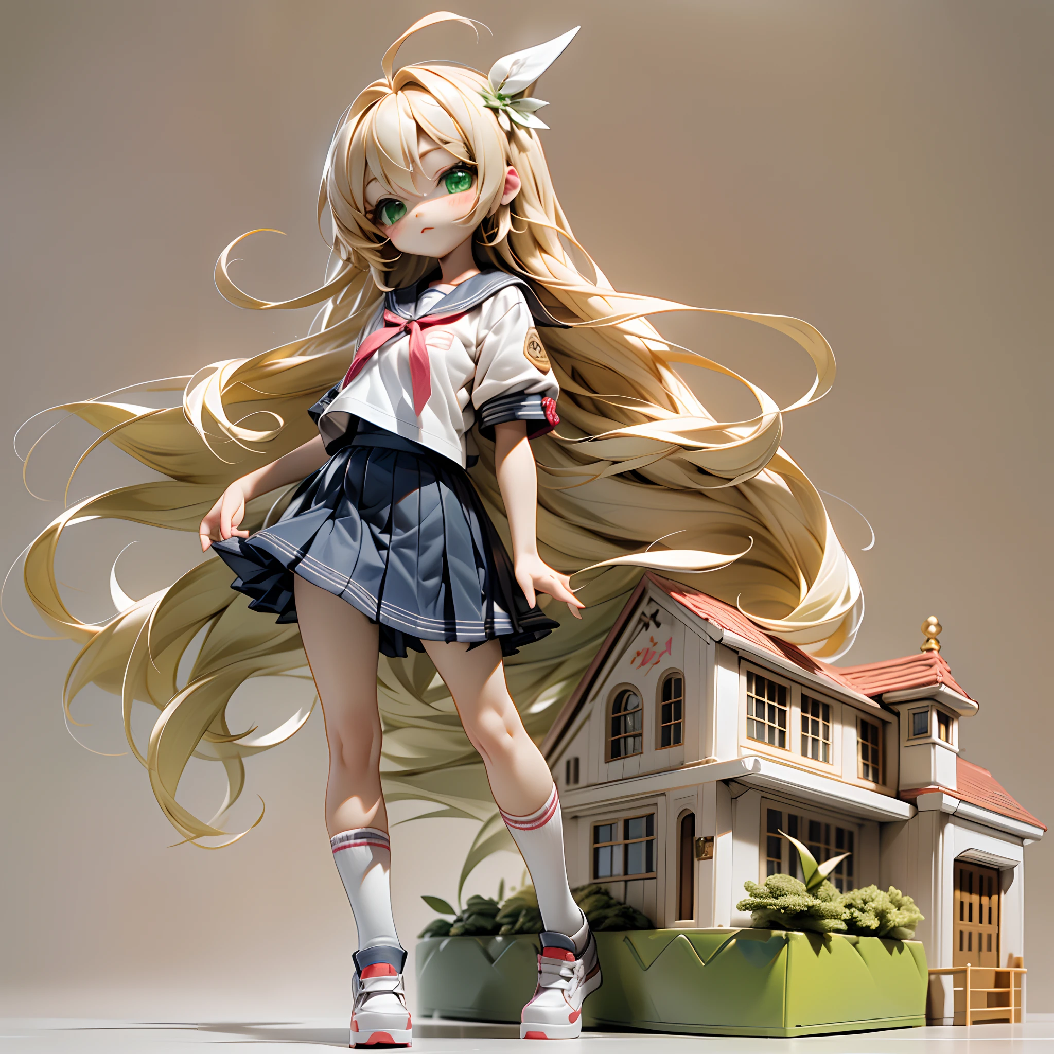 "(Mega Mini, chibi, long platinum blonde hair, green eyes, long hair, full body, chibi body, mini chibi body, full body, home, casual settings, house, school uniform, school t-shirt, school skirt, pleated skirt, chibi, small chibi)
