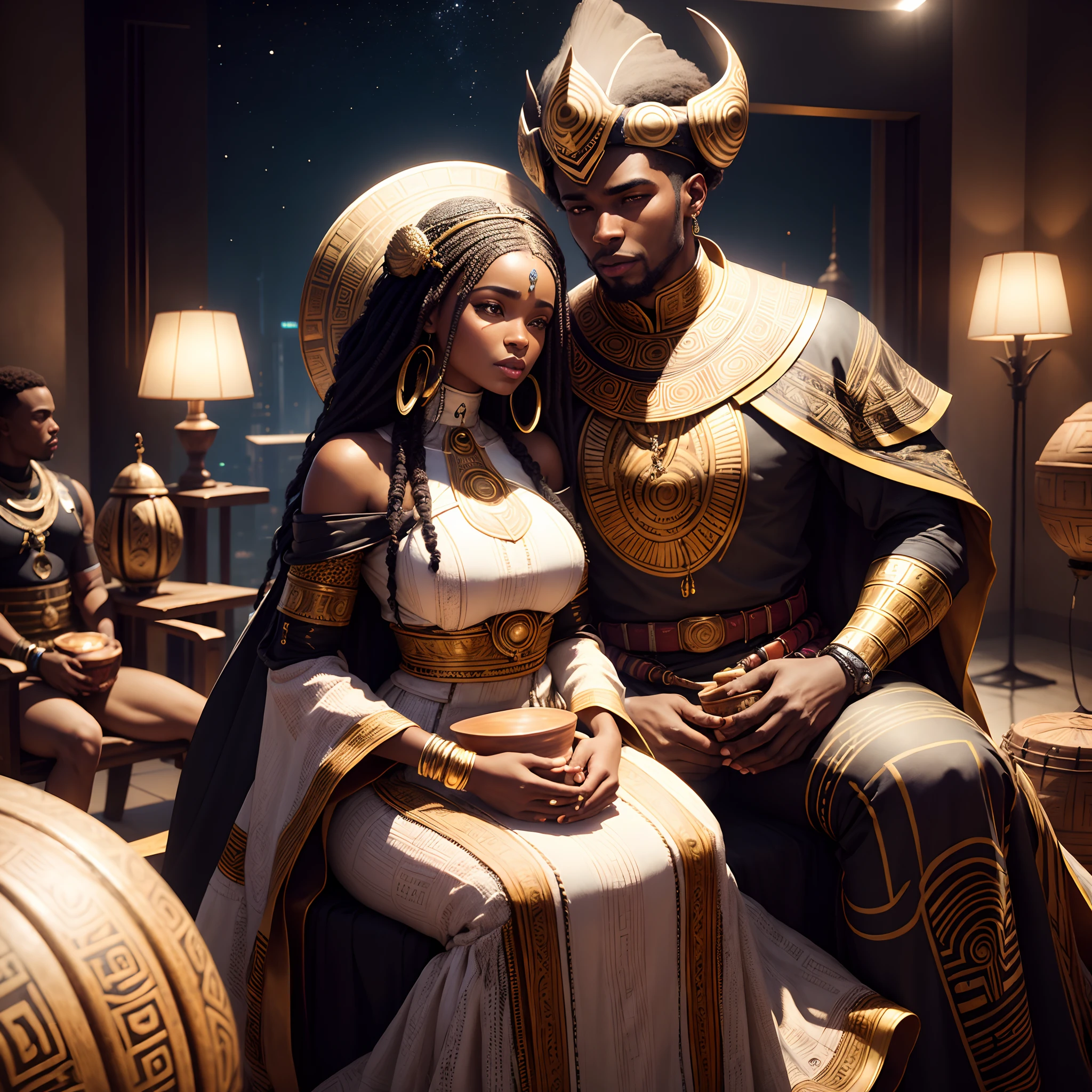 African man marrying African woman both wearing African designed clothes, marriage ceremony in a yacht surrounded by a celebrating congregation all in african designed clothes, confetti ๐ falling from above, African designed yacht full of African designed instruments, african designed sculptures, pots, african designed lamps in a yacht glowing, with iridescent light, photorealistic image, 32k, ultra HD, cinematic lighting, artgerm style