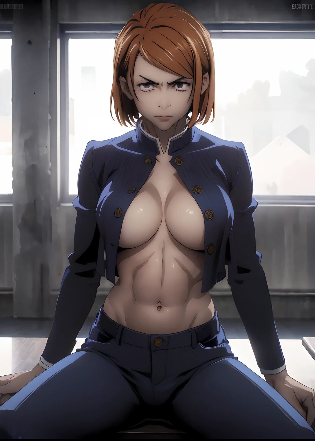 ((top quality, 8k, masterpiece: 1.3, ultra hd, high quality, best quality, high definition, realism)), sharp focus: 1.5, Model Nobara kugisaki with a muscular body, orange eyes, Mole under the outer edge of the eye, Short orange hair, Small breasts, Abs, Arm muscle, Open shirt buttons showing breast cleavage, visible stomach, Sexy and seductive pose On Chair, thighs wide open