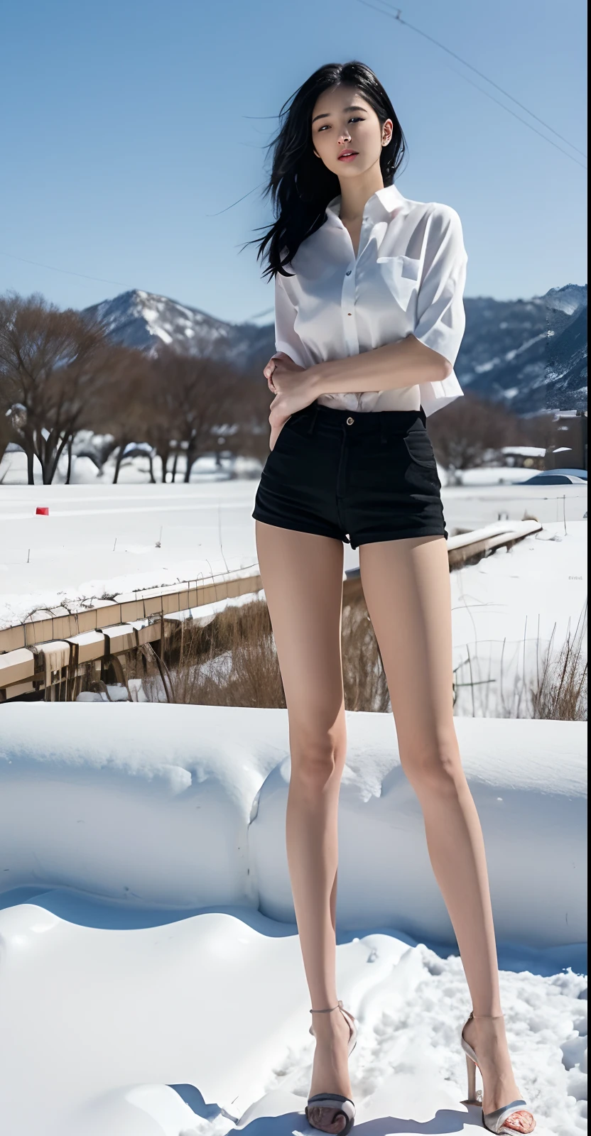 A Japanese Lady、beauitful face、Beautie、二重まぶた、Long Black Hair、short sleeved shirt、Micro shorts、beauty legs、Raw feet、tall、long legged、pin heels、model poses、arms in arms、Oyuki、snow cover、snow blowing、Visibility is poor due to snow、heavy wind、Hair disheveled by the wind