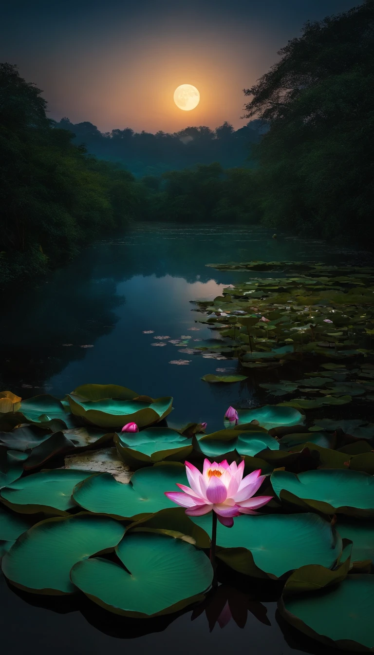 (tmasterpiece,Authentic photography,Concise composition:1.5),the night,Lotus pond moonlight,Beautiful artistic conception