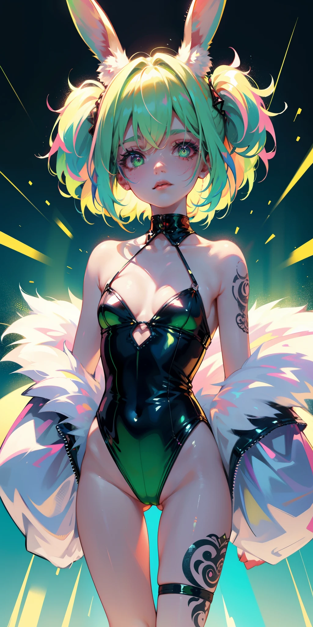 Rabbit technique , sci-fy, Fluffy ,
1girll, Tattoos, Glowing tattoos, Glowing eyes, Colorful glowing hair , full bodyesbian, Green hair,
kawaiitech, Pastel colors, kawaii, cutecolors,